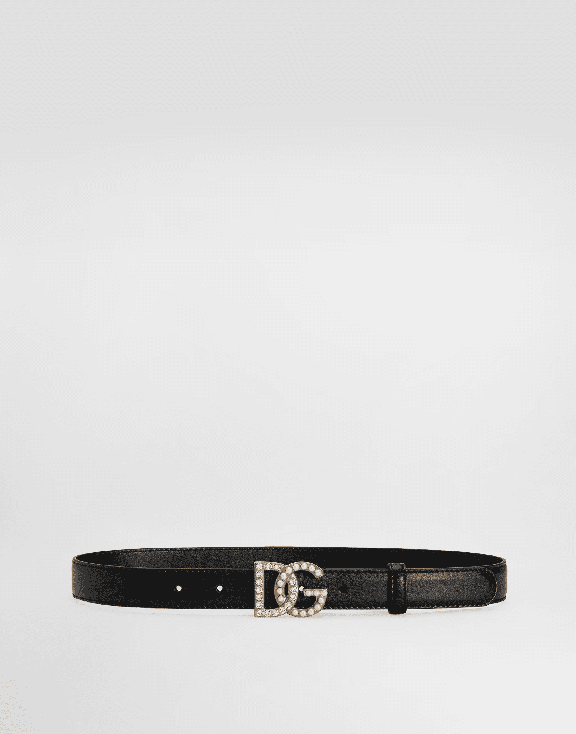 Calfskin belt with DG logo with rhinestones and pearls