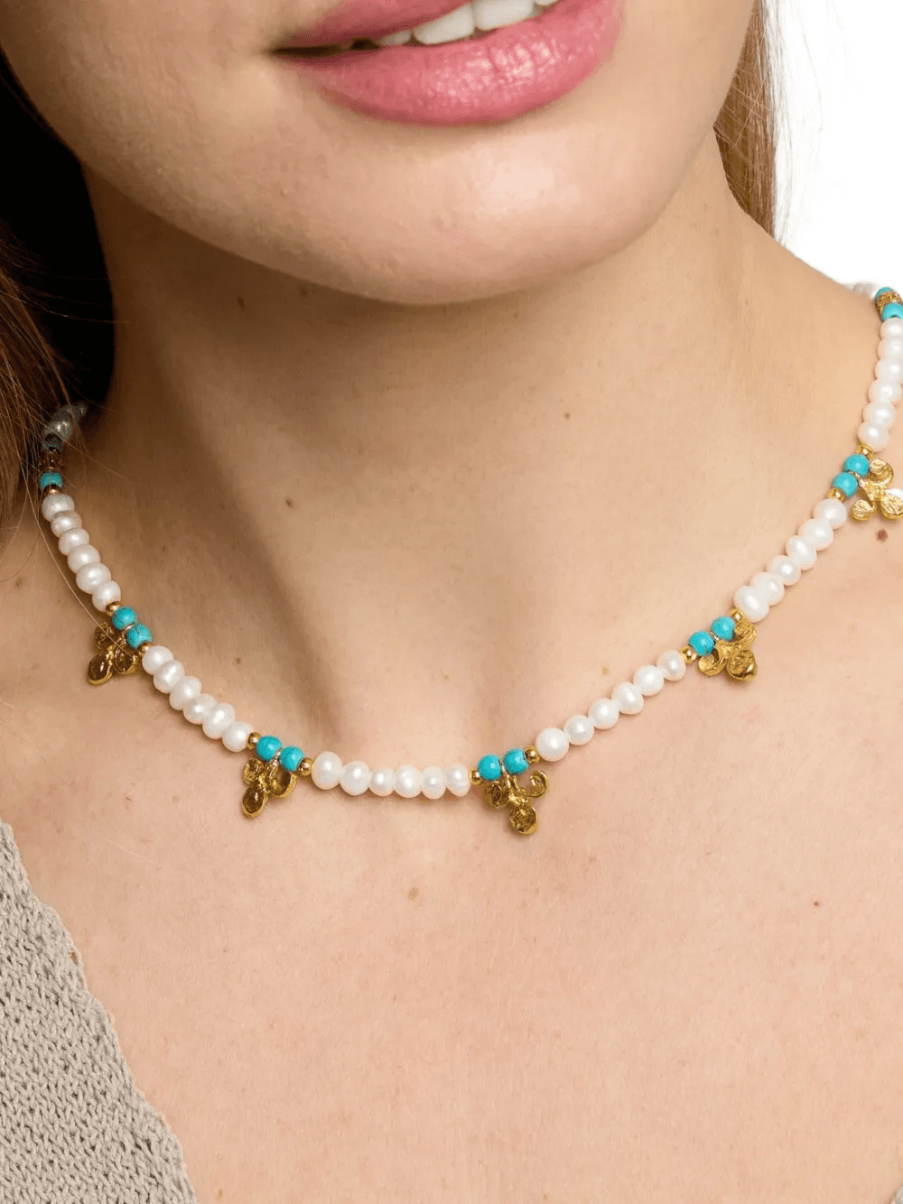 Amelie pearl and turqoise beaded necklace — Image 3