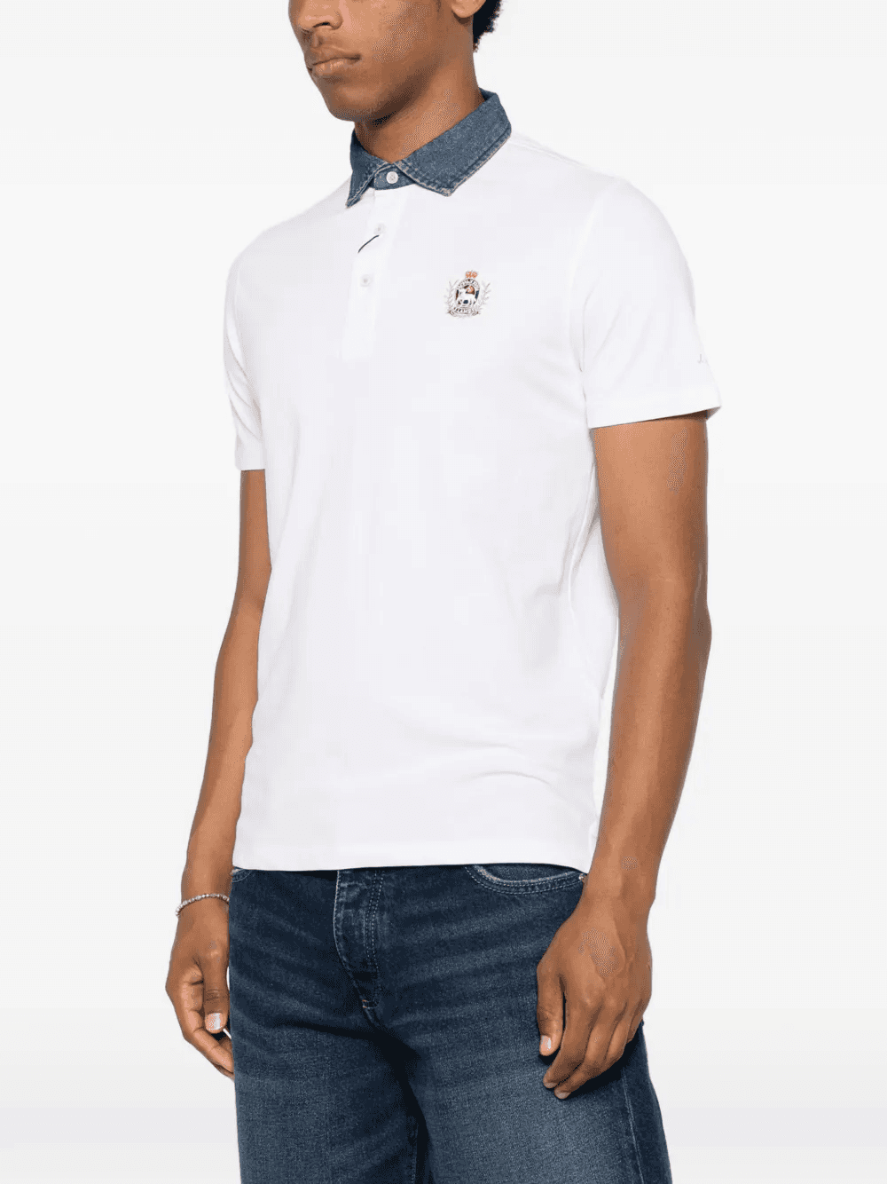 Avvocato denim-collar crest-patch polo shirt — Image 4
