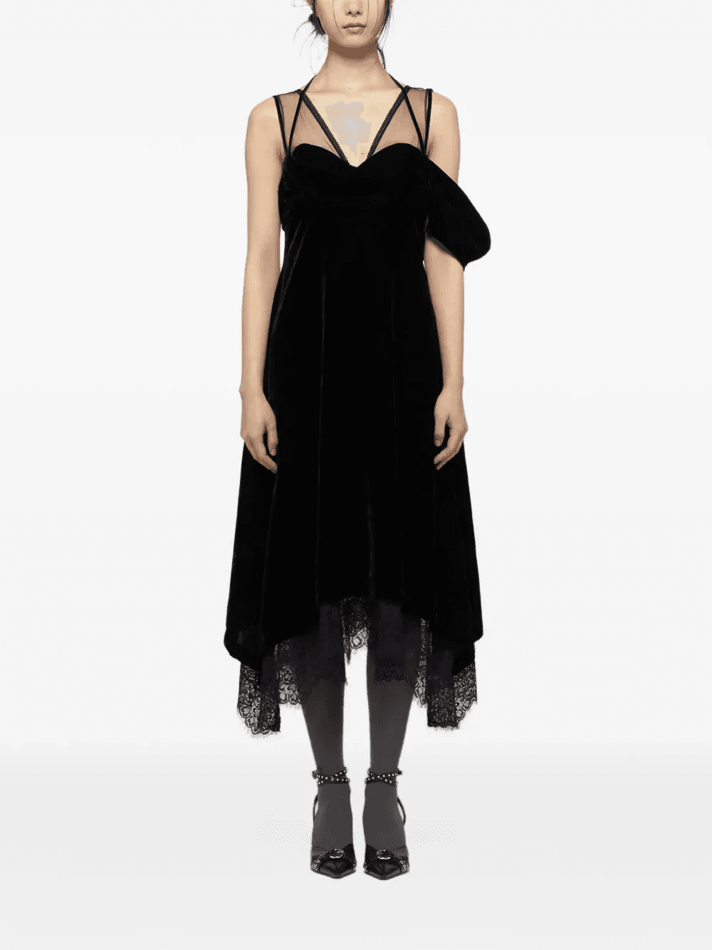 lace-trim midi velvet dress — Image 4