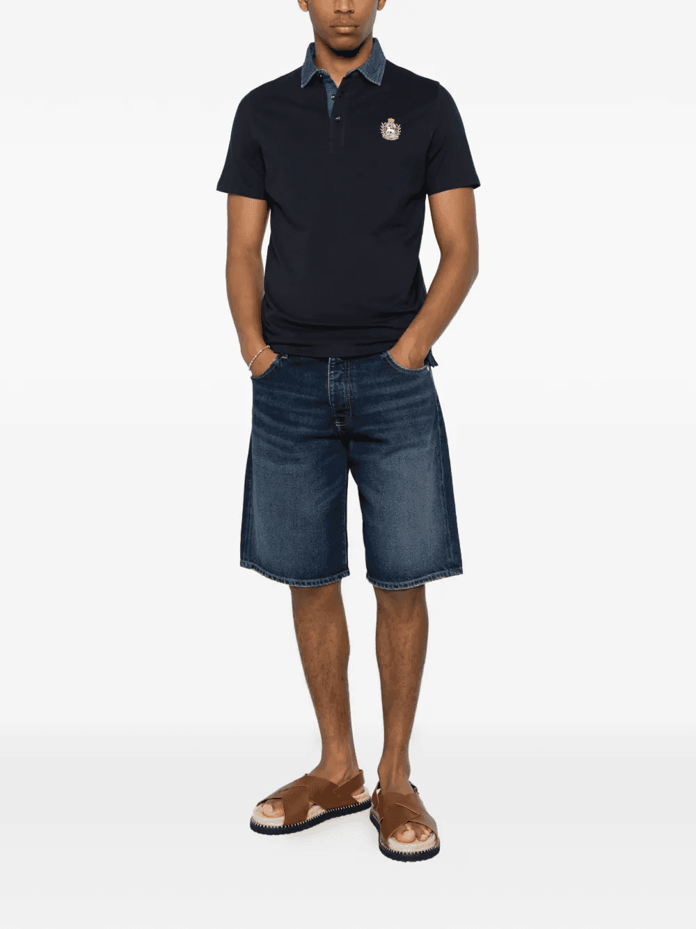 Avvocato denim-collar crest-patch polo shirt — Image 5