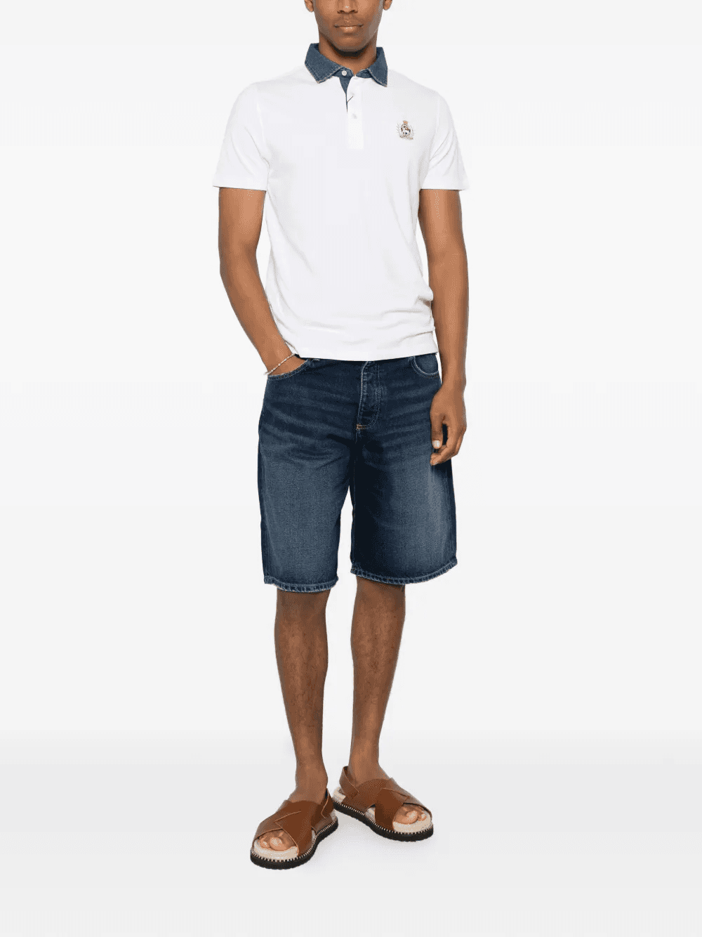 Avvocato denim-collar crest-patch polo shirt — Image 5