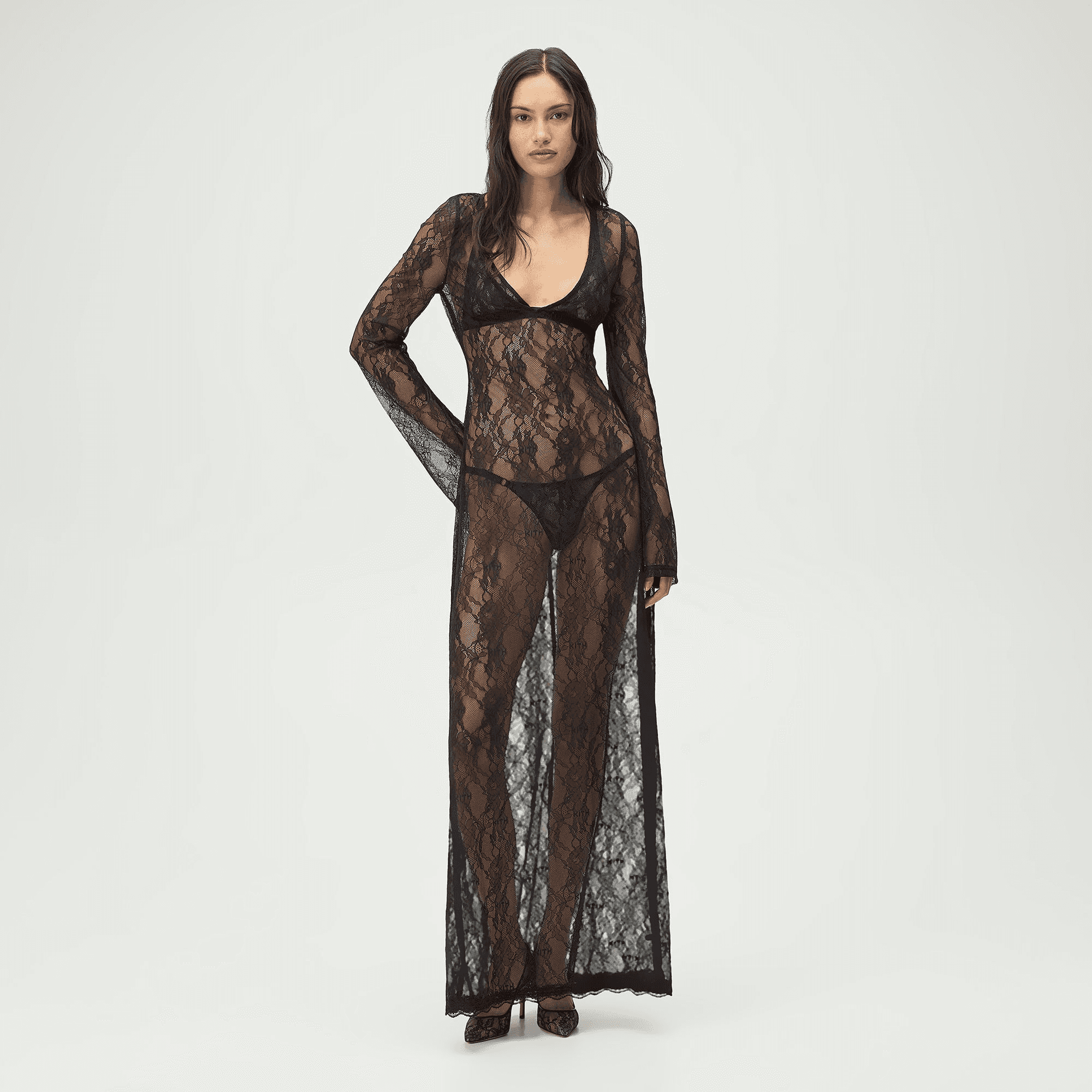 Lisa for Kith Women Lyla V-Neck Lace Maxi Dress - Black — Image 5