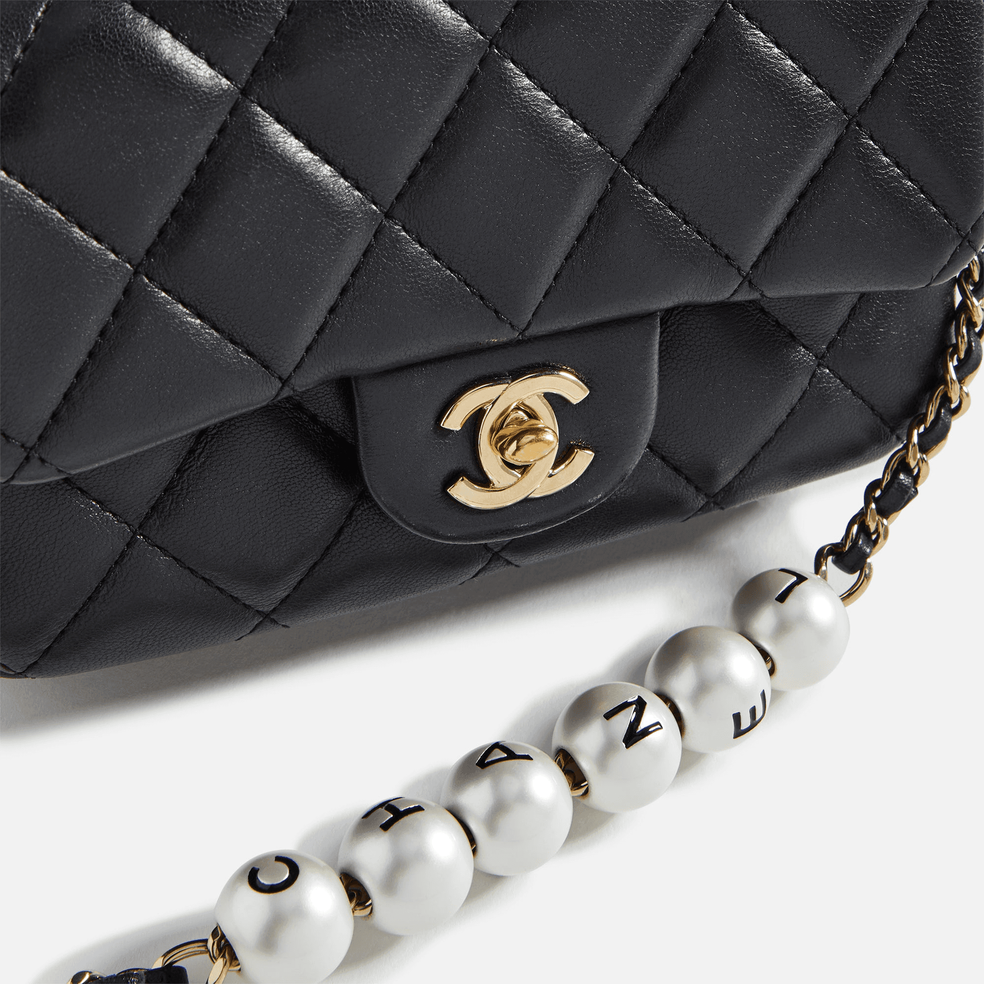 WGACA Chanel Lambskin Pearl Logo Flap Bag - Black — Image 2