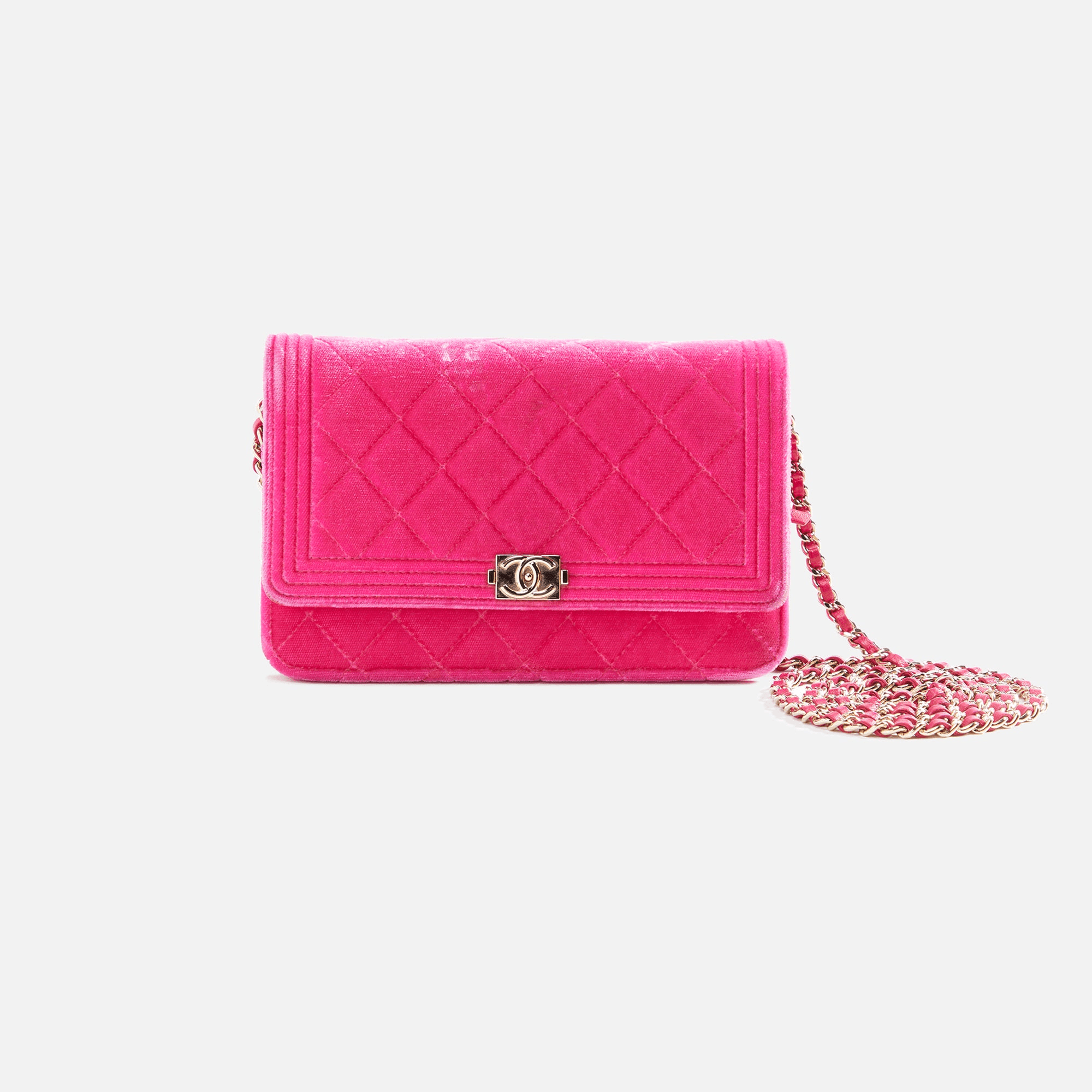 WGACA Chanel Velvet Boy Wallet on Chain - Pink