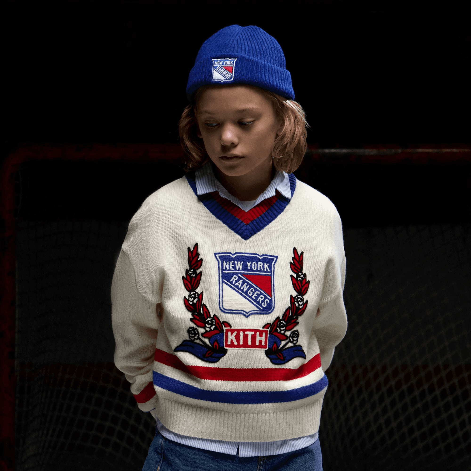 Kith Kids for the New York Rangers V-Neck Lewis Sweater - Sandrift — Image 4