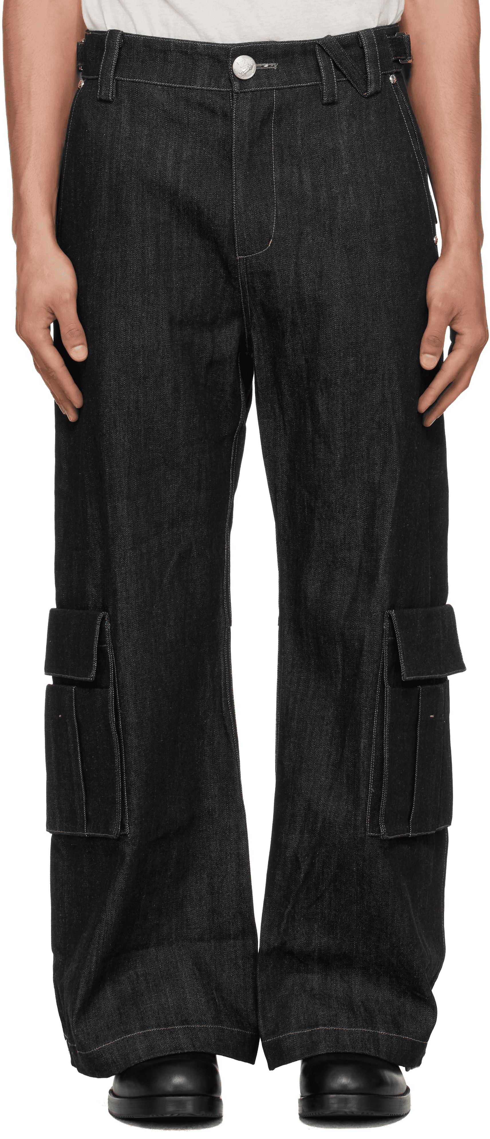 Black Whale Fin Snap-On Denim Cargo Pants - Image 1