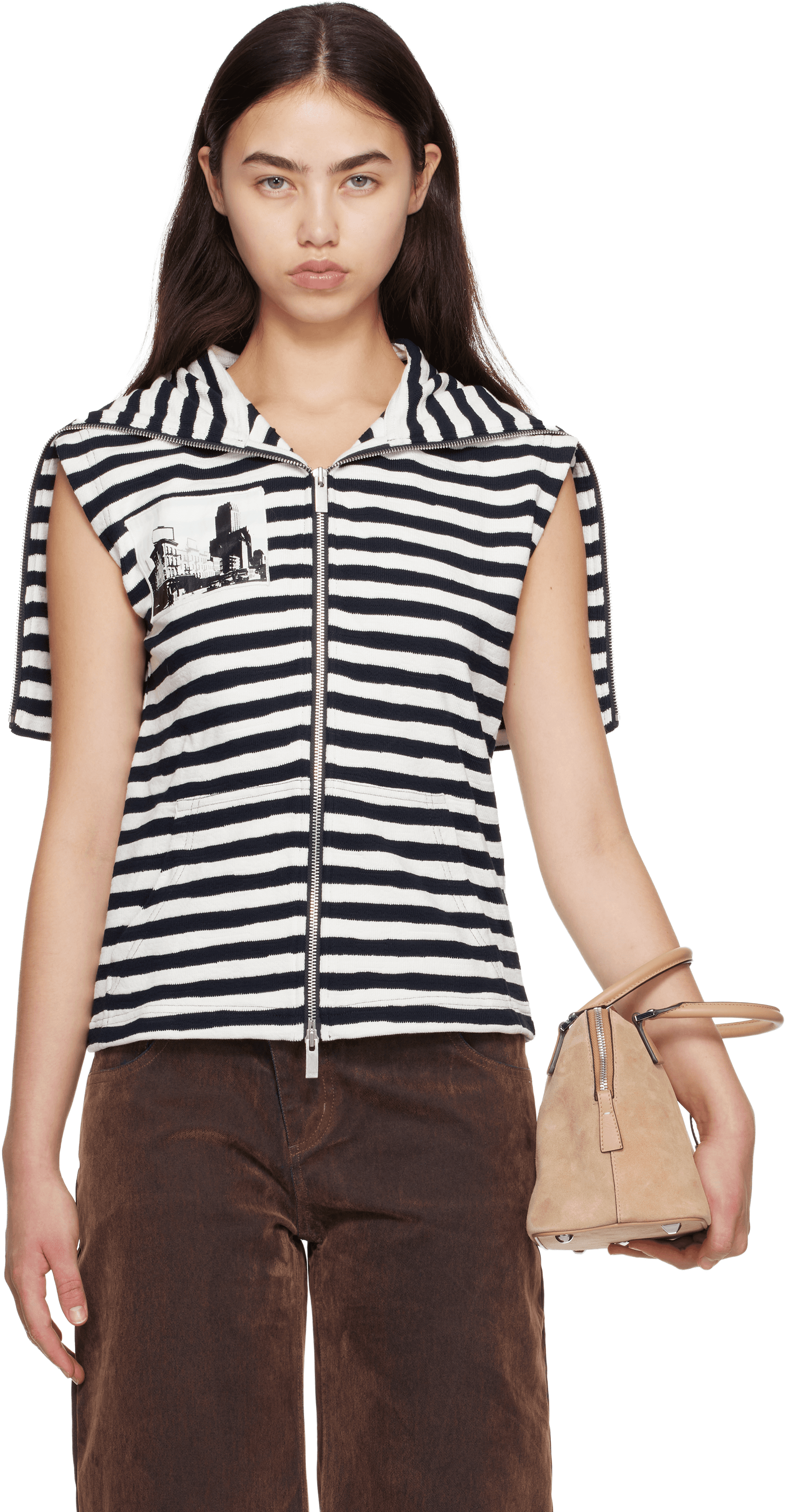 White & Black Asymmetric Striped Collar Top - Image 1