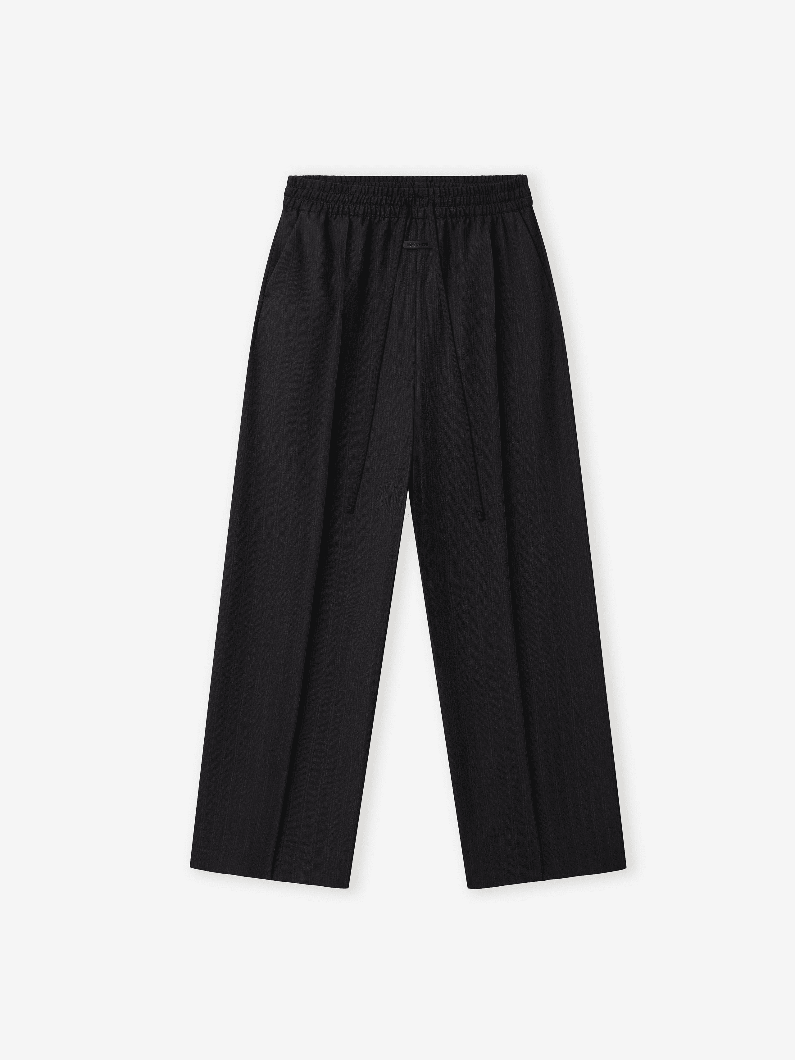 Black Striped Wool Wide Leg Drawstring Pants - Image 1