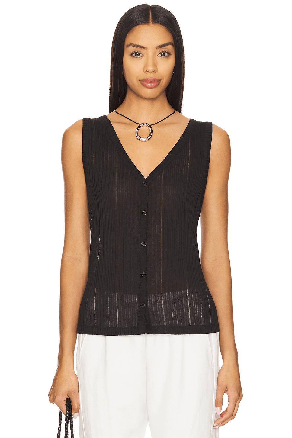 Button Front Ribbed Tank - Image 1