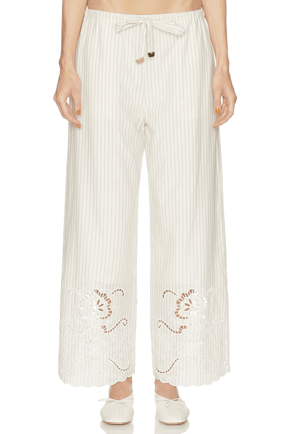 Floral Embroidered Striped Wide Leg Drawstring Pants - Image 1