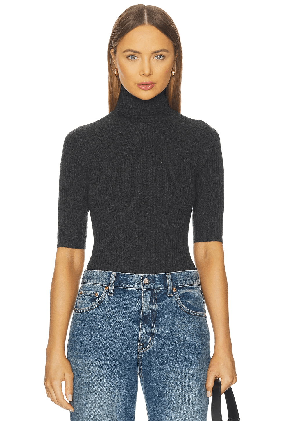 Cropped Elbow Sleeve Rib Turtleneck Top - Image 1
