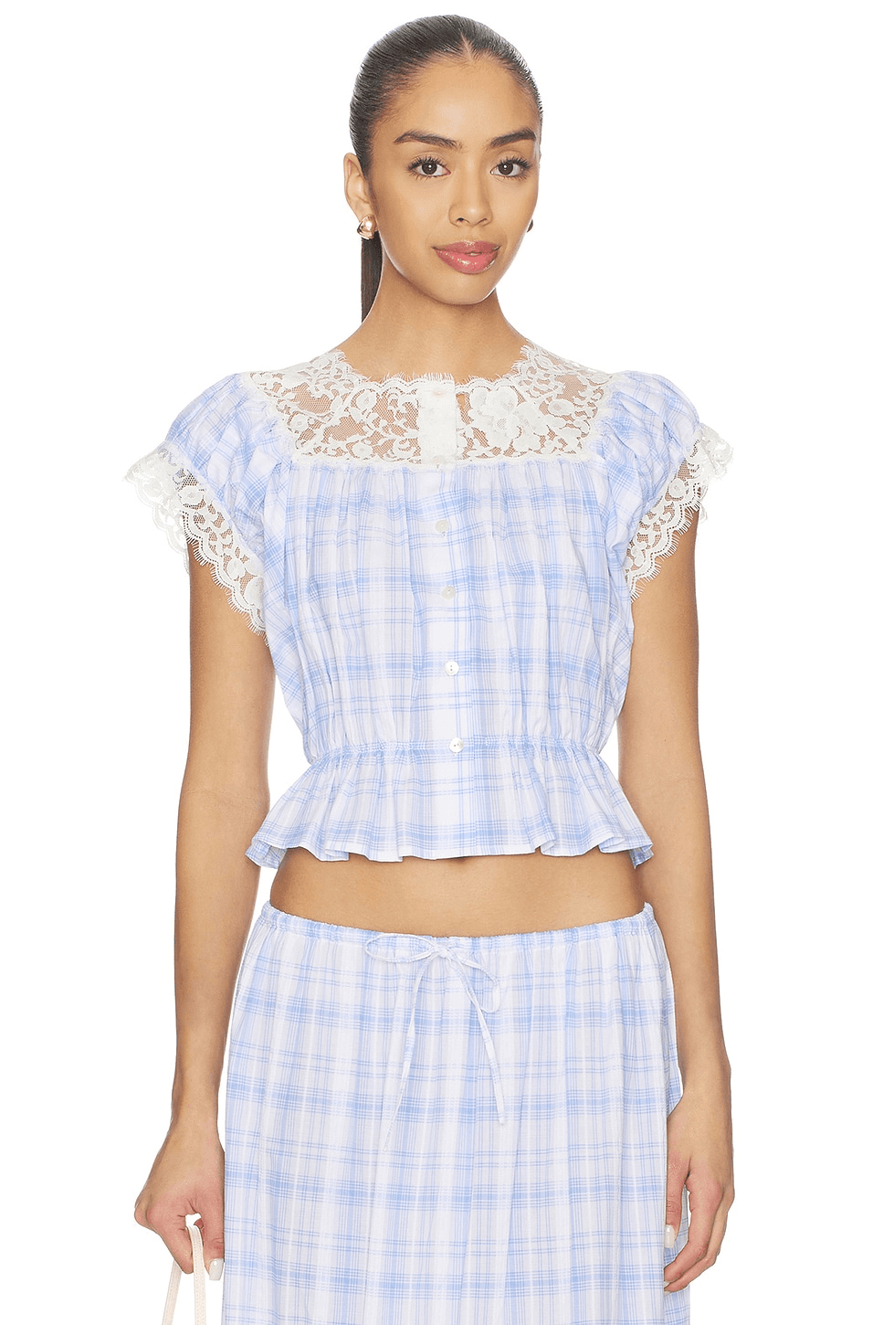 Lace Trim Button Check Top - Image 1