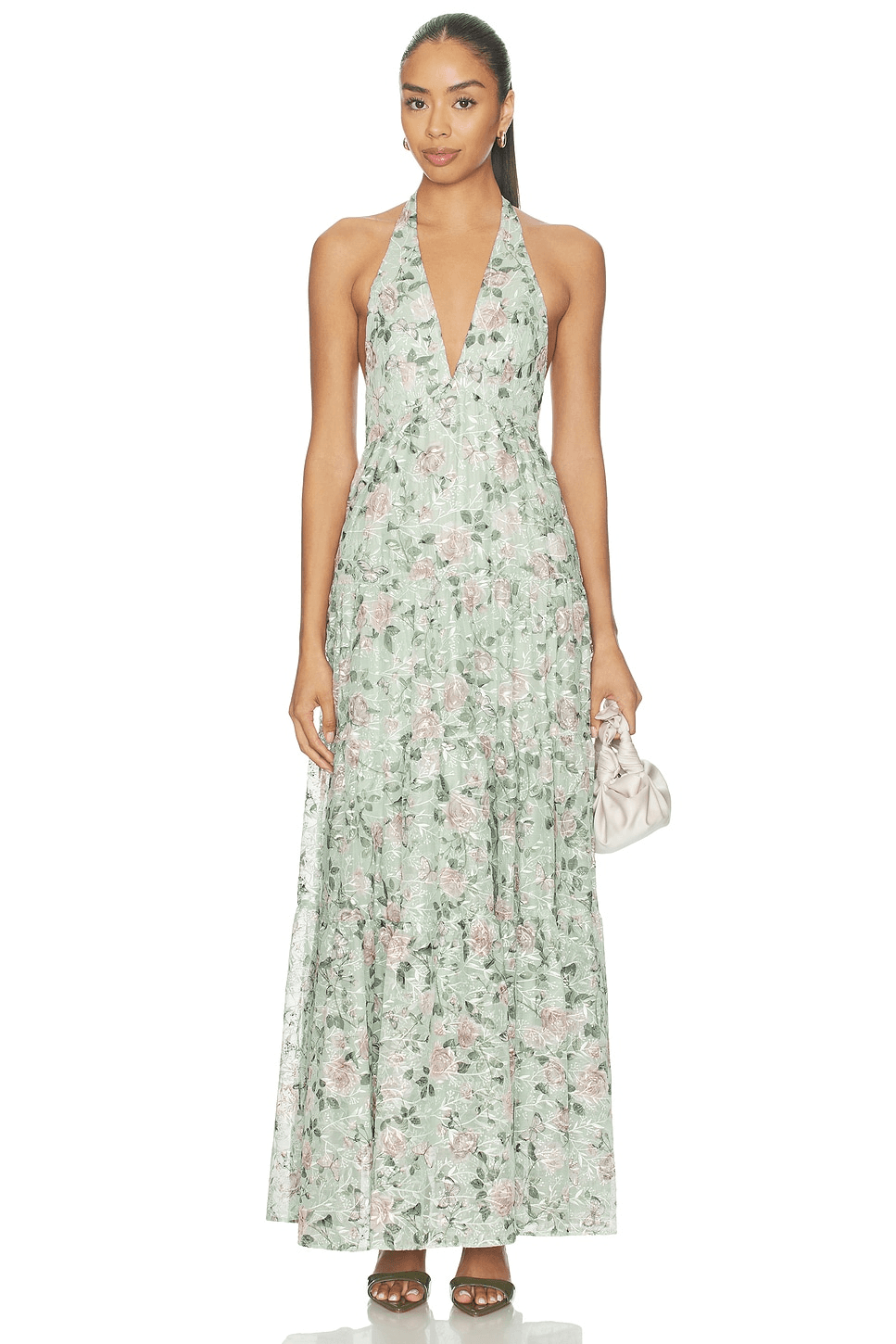 Maura Embroidered Deep V Halter Tiered Maxi Dress - Image 1