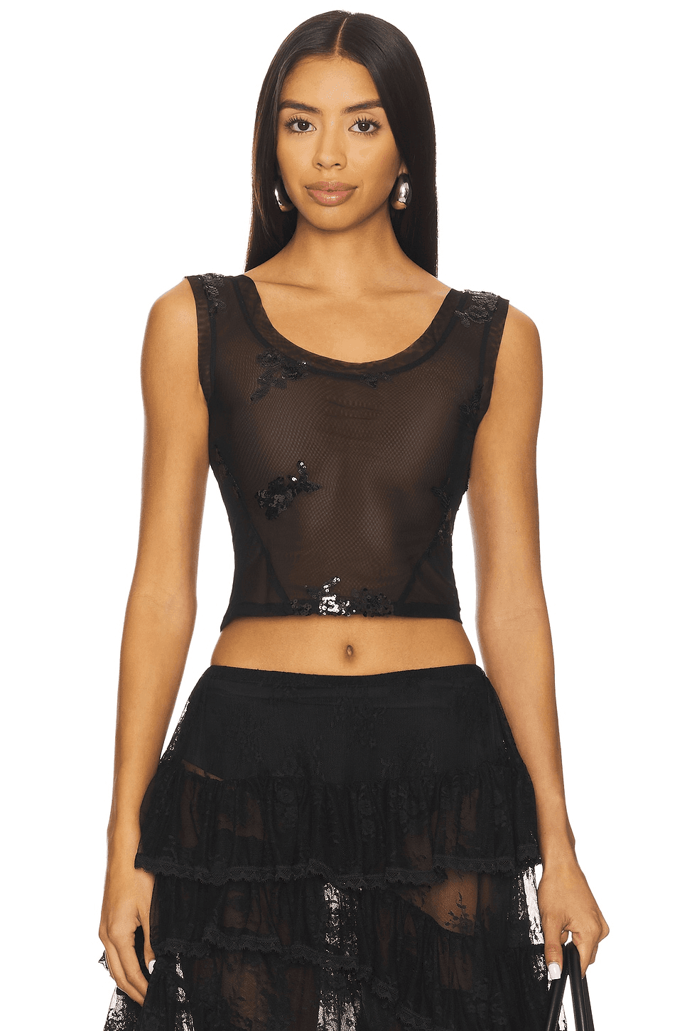 Floral Sequin Mesh Top - Image 1