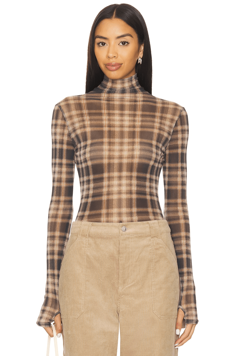 Plaid Mesh Long Sleeve Turtleneck Top - Image 1