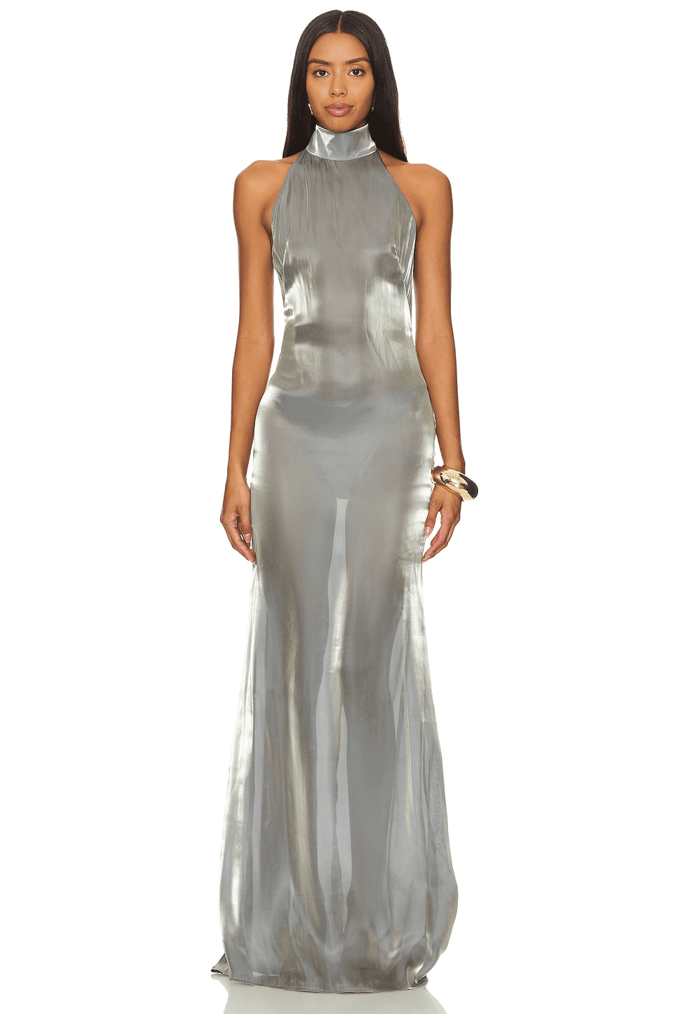 Metallic Organza Halter Open Back Gown - Image 1