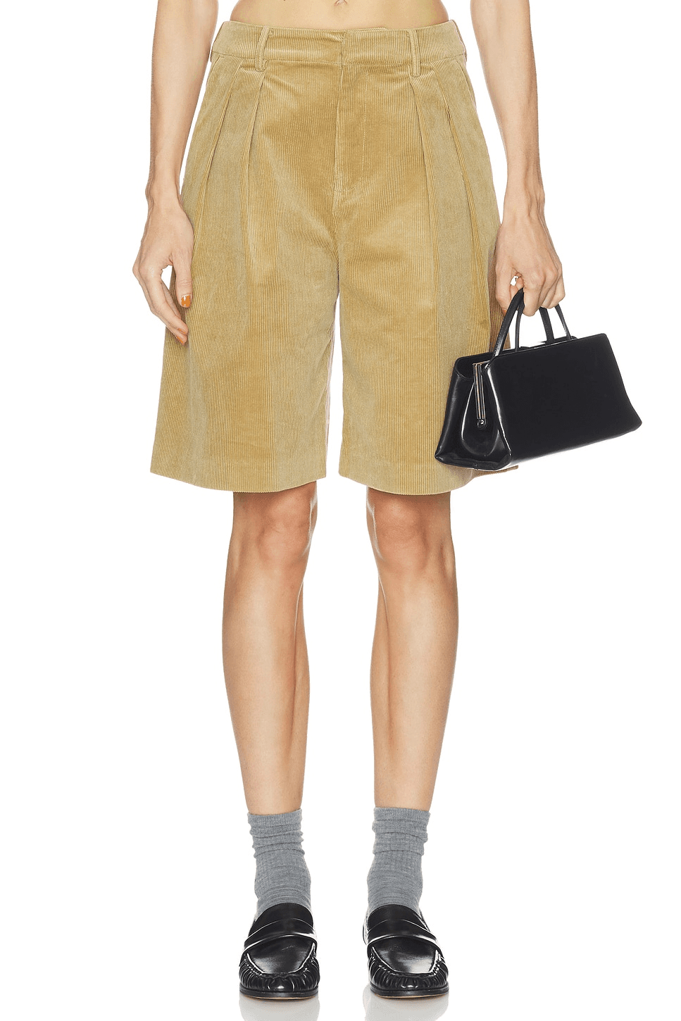 Corduroy Pleated Mid-Length Cargo Bermuda Shorts - Image 1