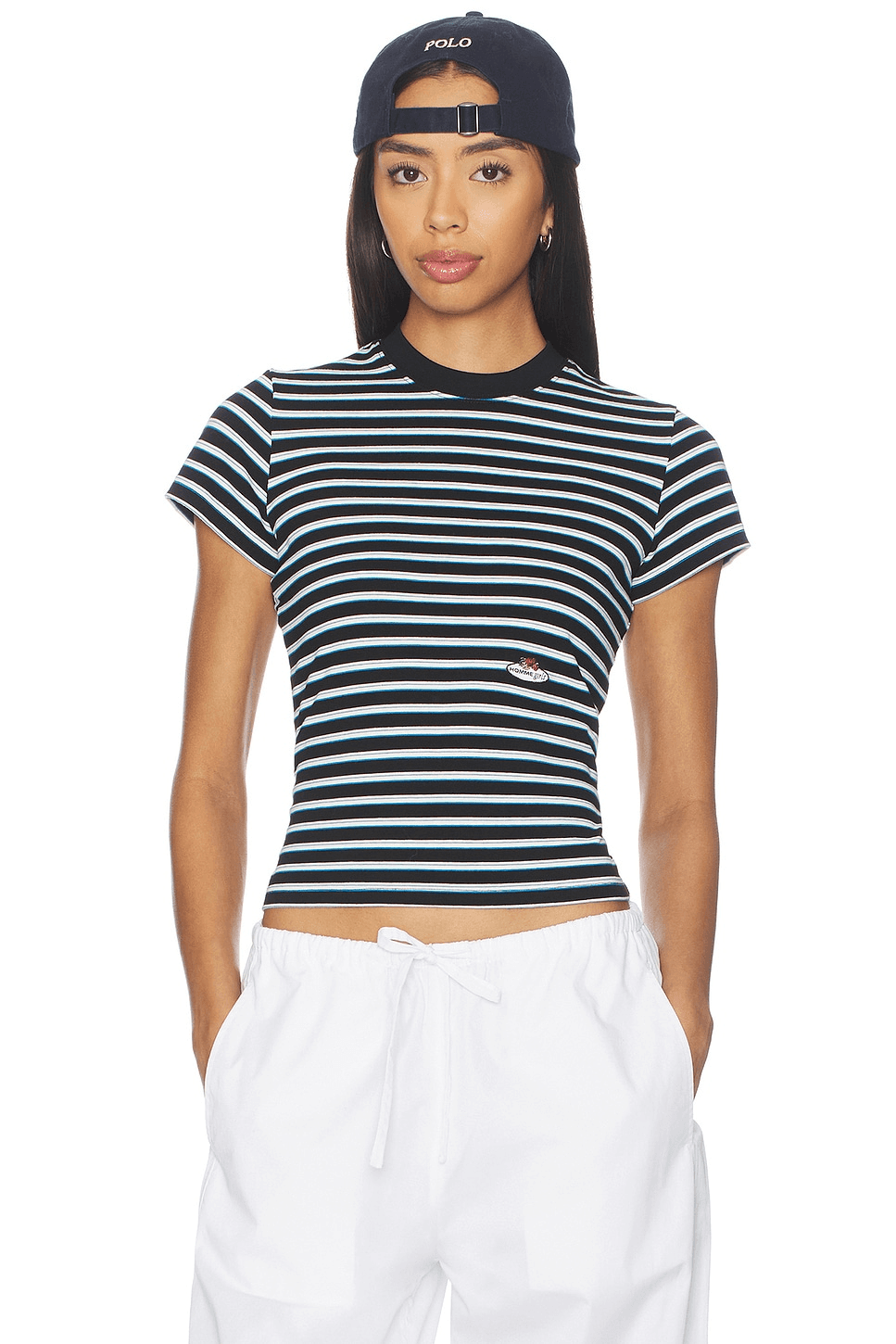 X Fruit Of The Loom Striped Baby Tee in Baby Blue With Printed Fruit Clusters - Image 1