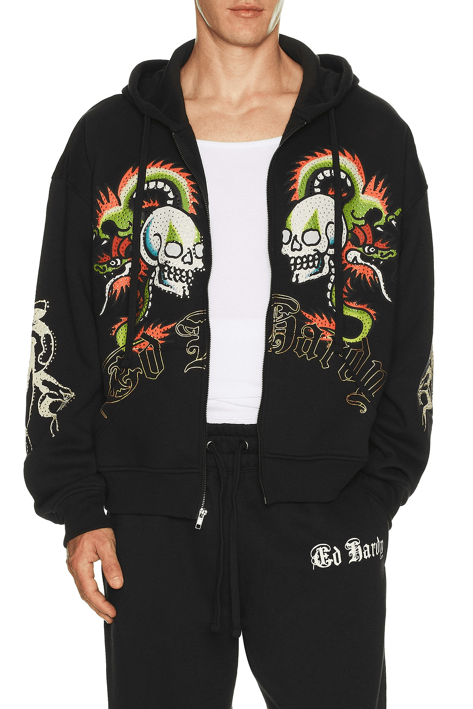 Dragon Skulls Rhinestone Zip Hoodie - Image 1