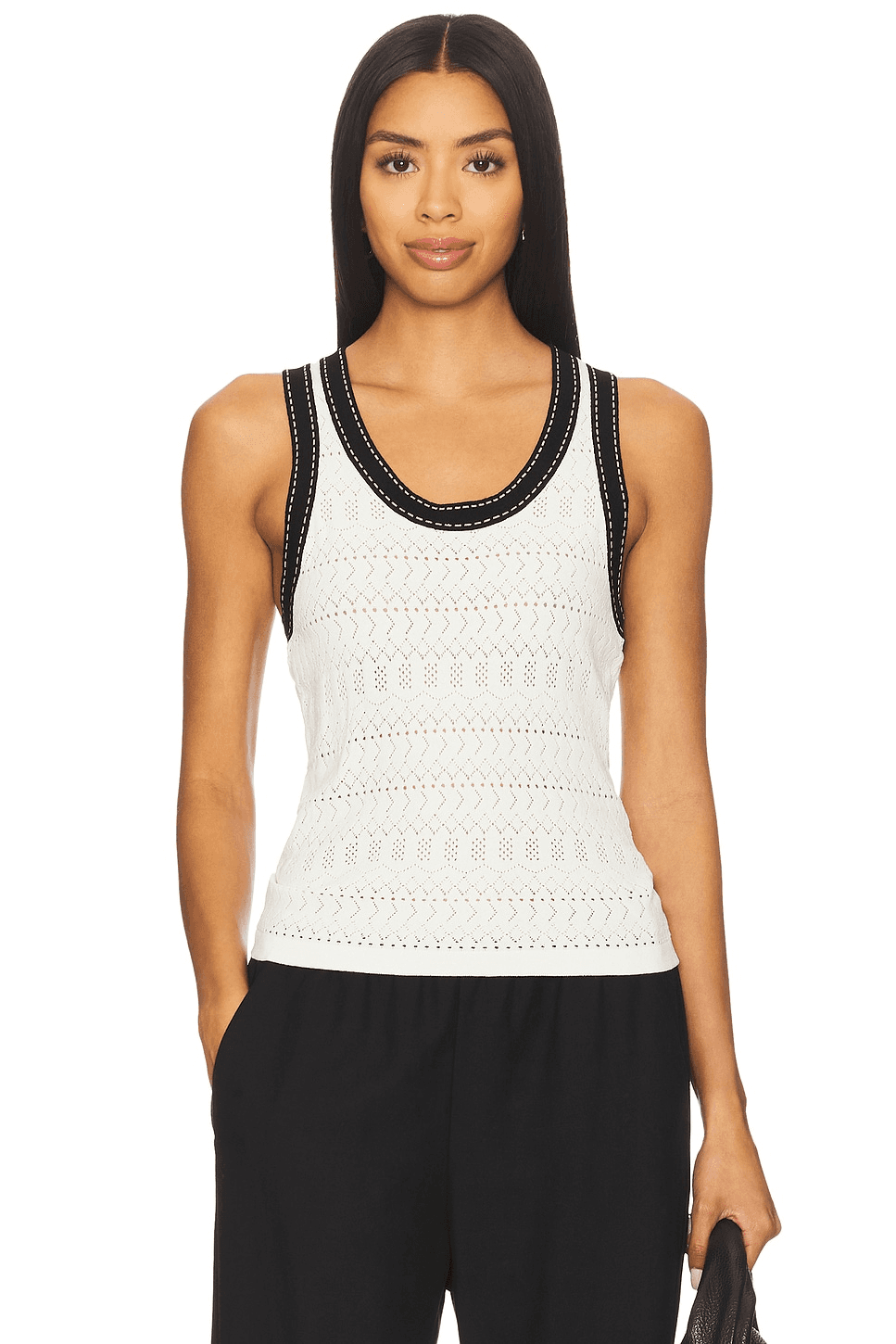 Pointelle Racer Back Tank Top With Saddle Stitching - Image 1