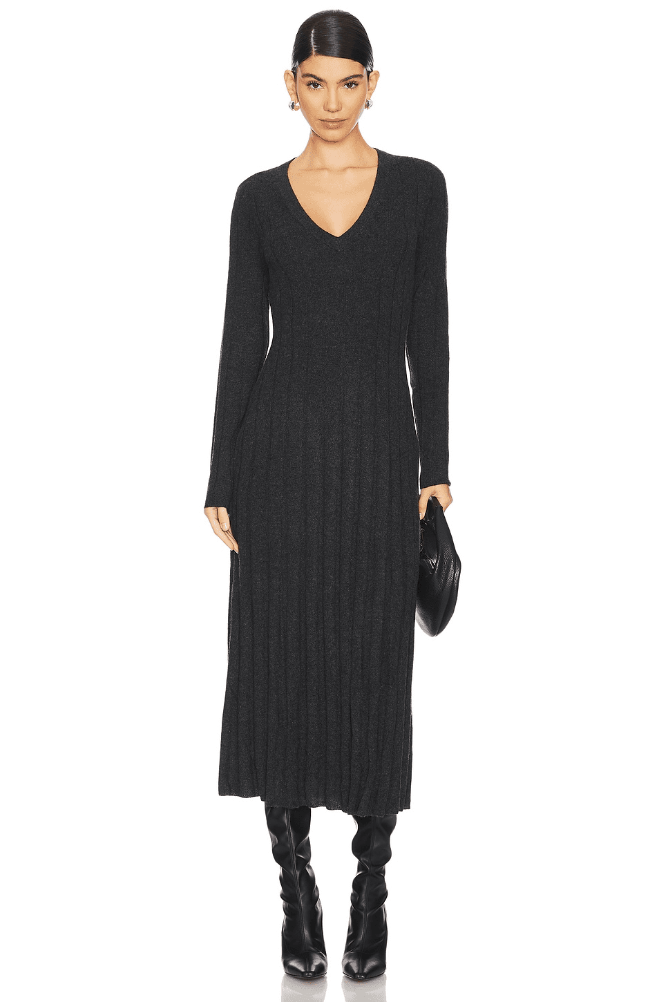 V Neck Ribbed Cashmere Dress - Image 1