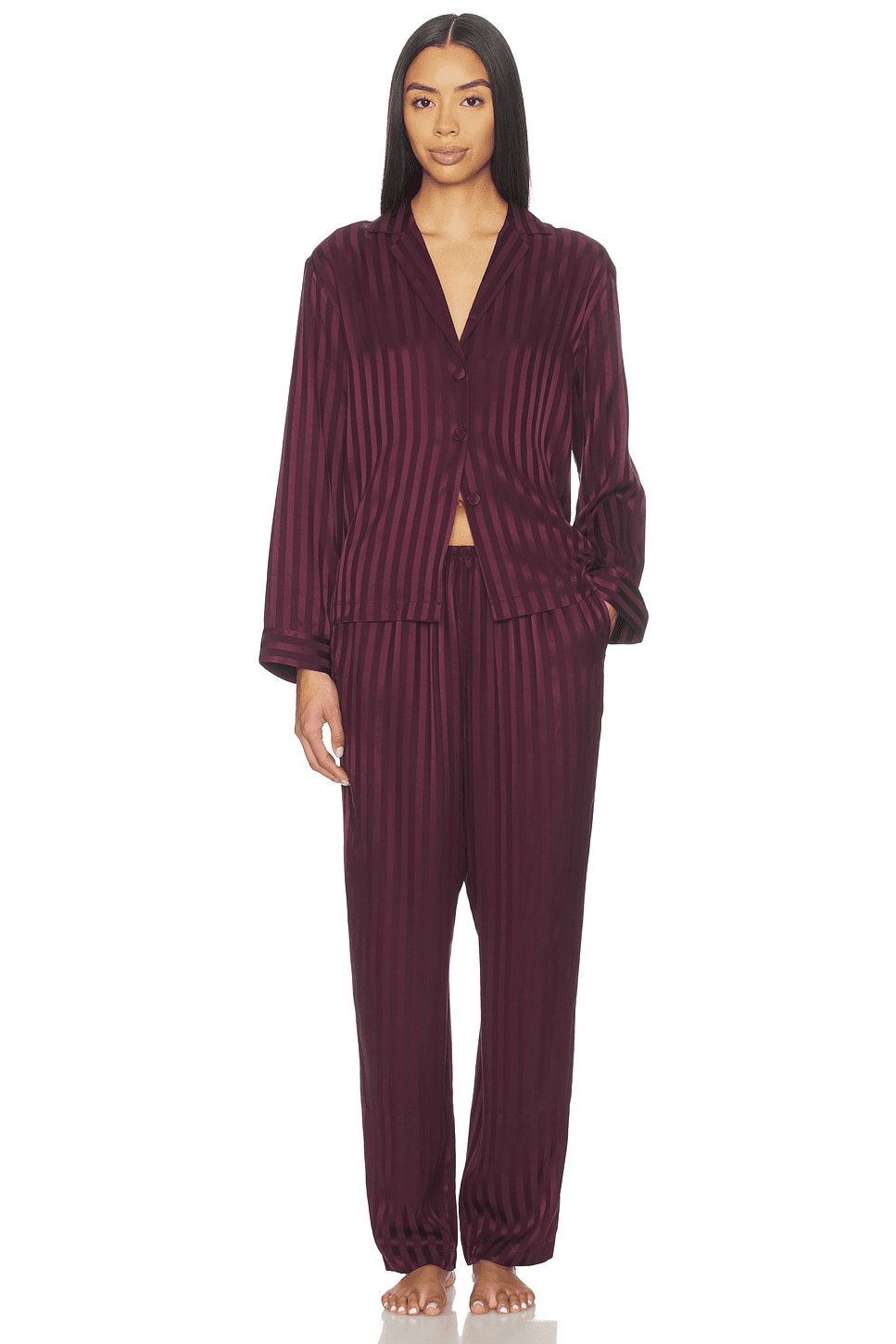 Washable Silk Striped Jacquard Long Sleeve Pant Set - Image 1