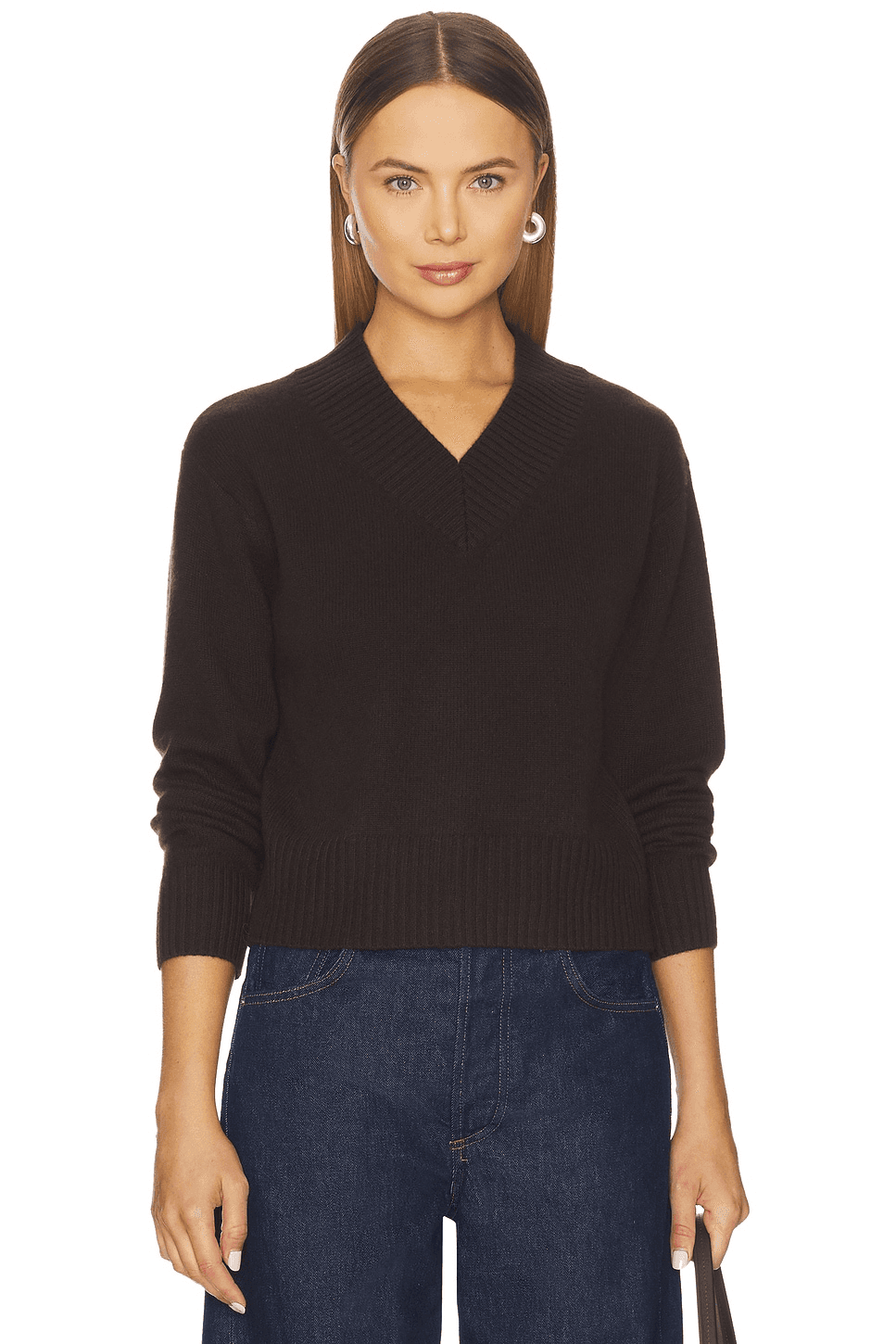 Cashmere Wide Rib Trim Vneck Top - Image 1