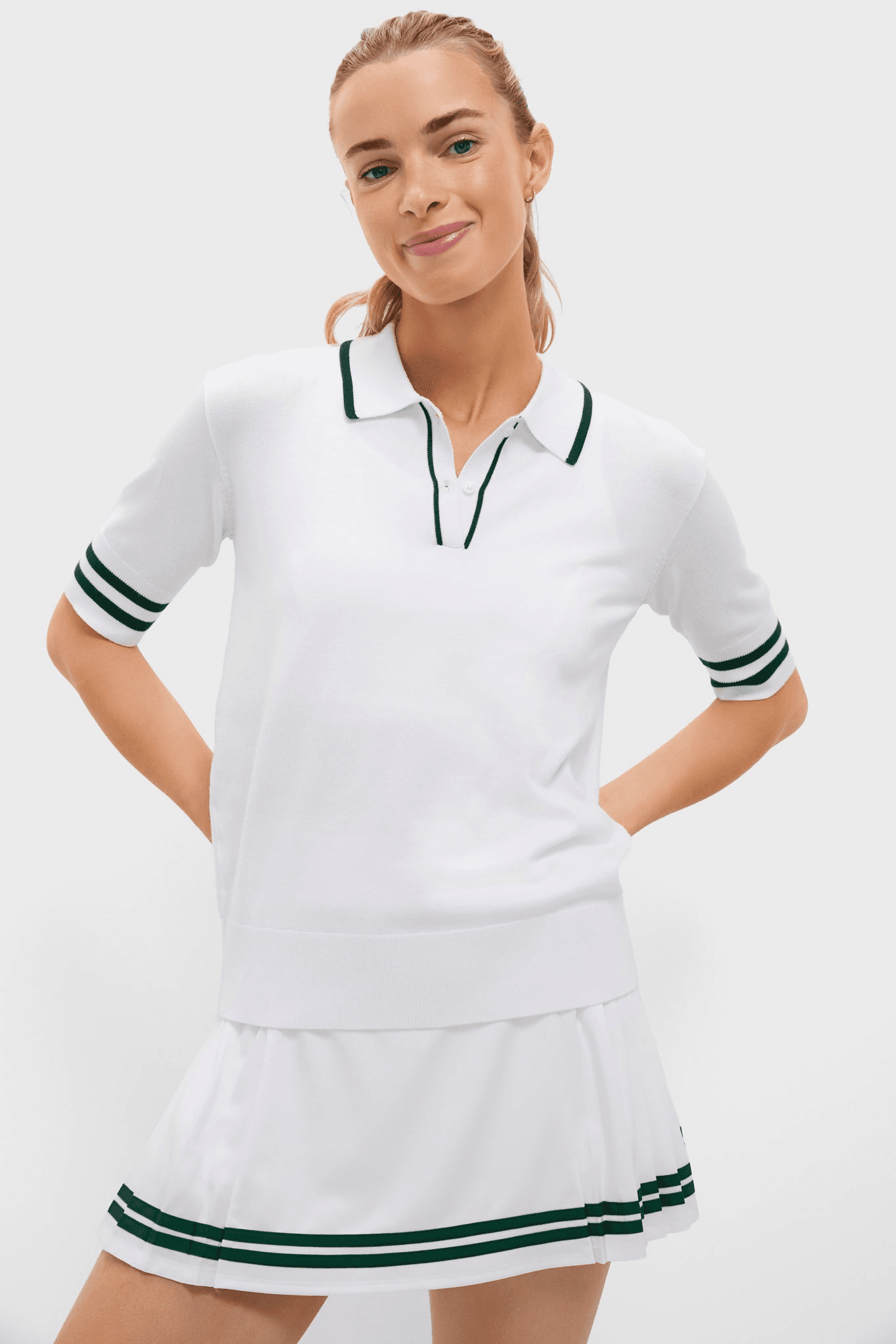 White and Green Short Sleeve Performance Knit Nora Sweater Polo - Image 1