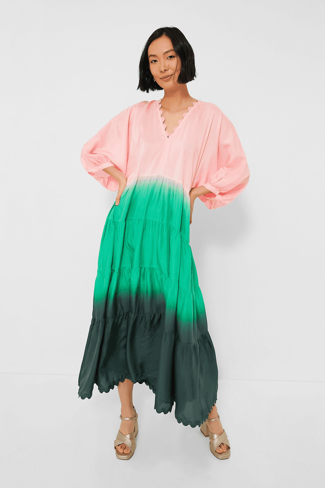 Ombre V-Neck Loose Maxi Dress with Ric Rac Trim - Image 1