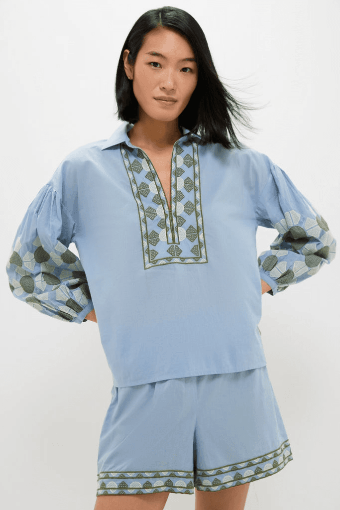 Sky Geometric Embroidered Paget Top - Image 1