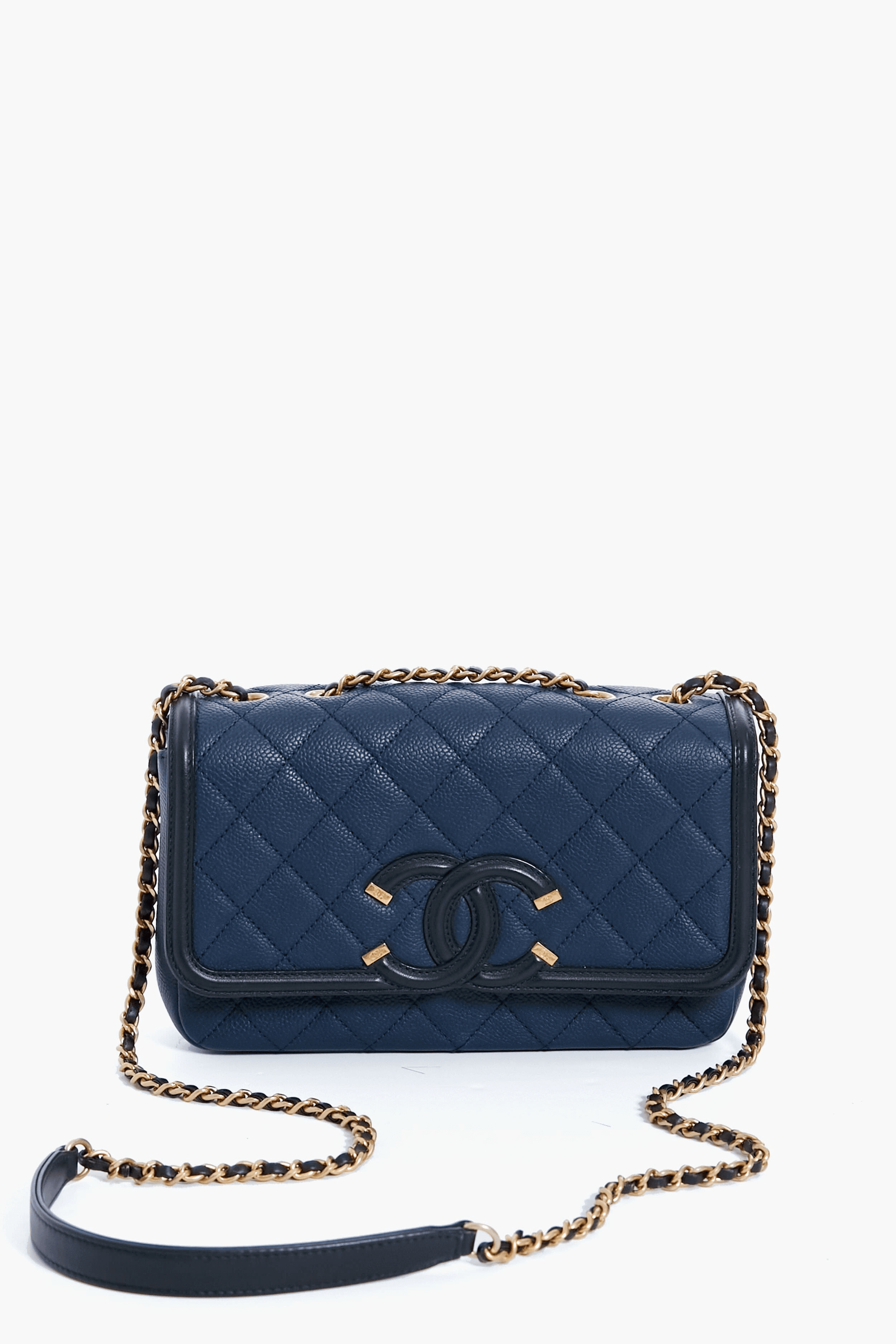CHANEL Black and Navy Filigree Flap Shoulder Bag - Image 1