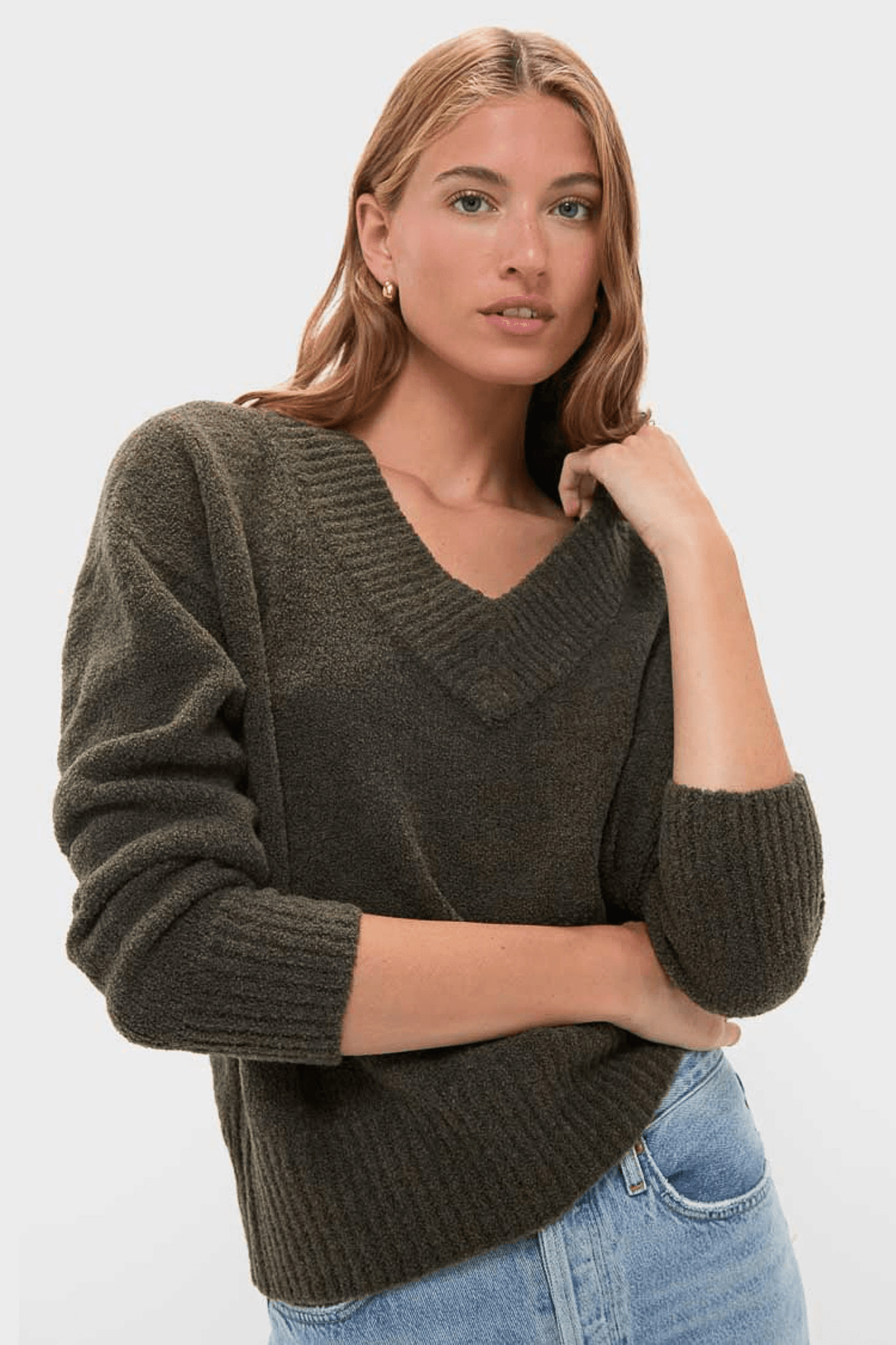 Olive Wool Boxy V-Neck Sweater - Image 1