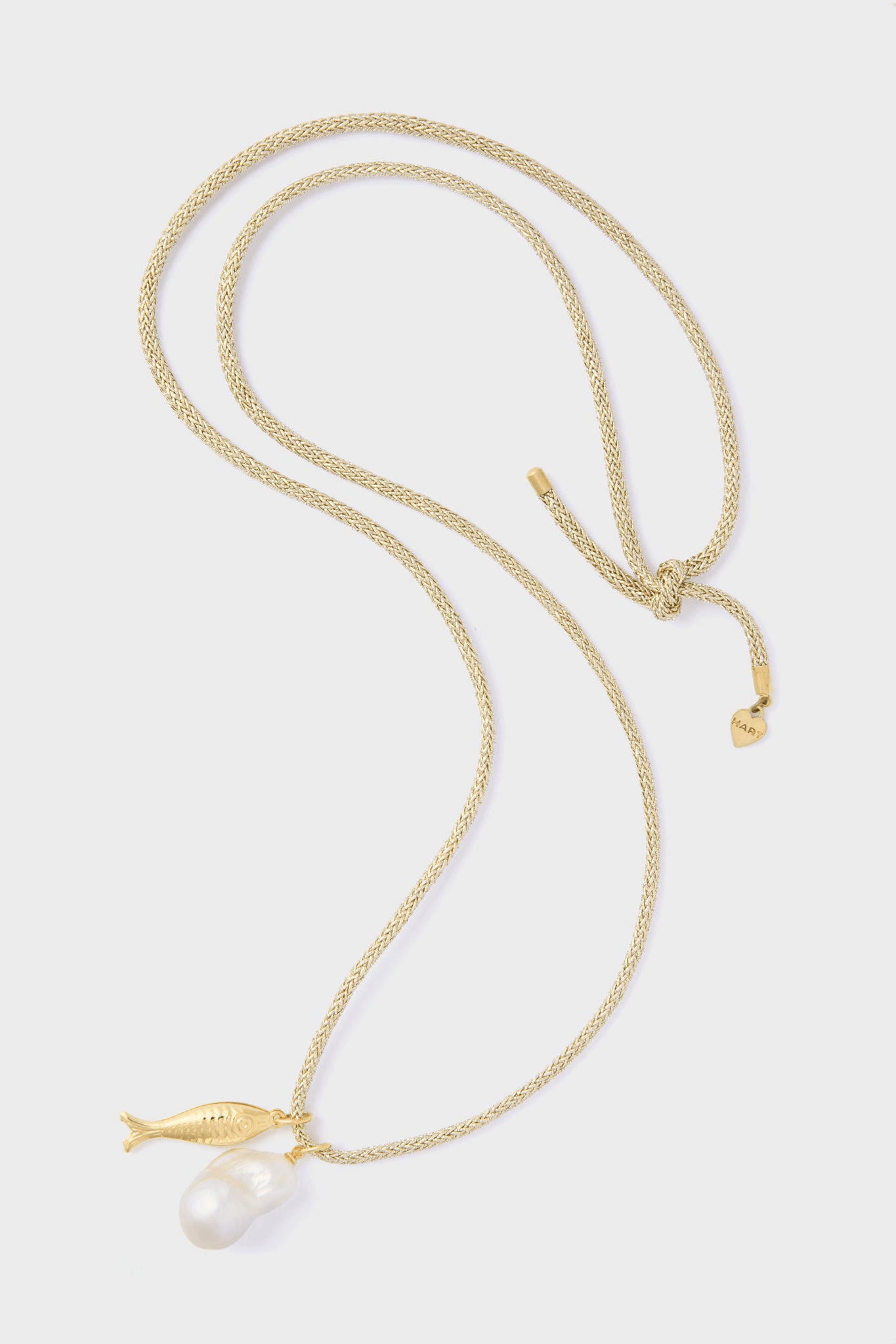 Lurex Cord Necklace with Baroque Pearl and Gold Fish Charms - Image 1