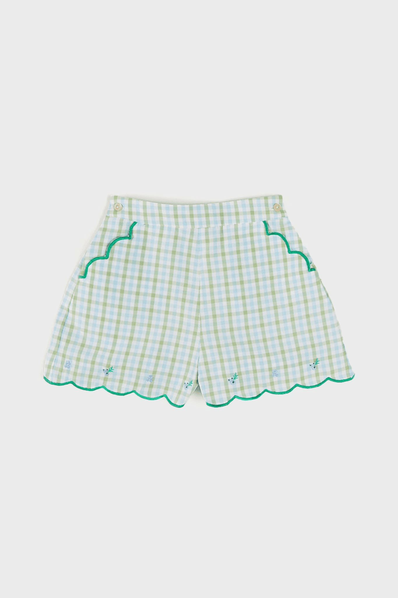 Maxwell Gingham Scallop Trim Embroidered Shorts in Green - Image 1