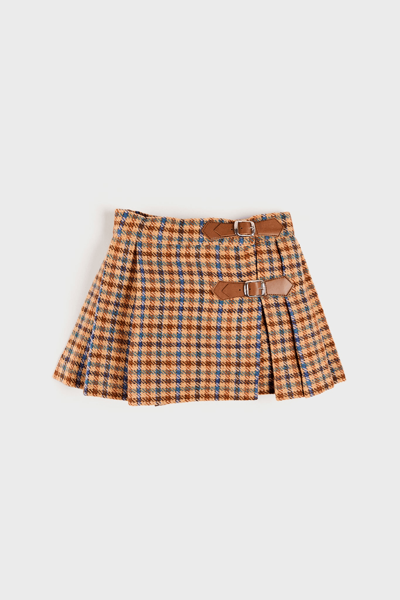 Tweed Buckled Kilt in Brown and Blue - Image 1
