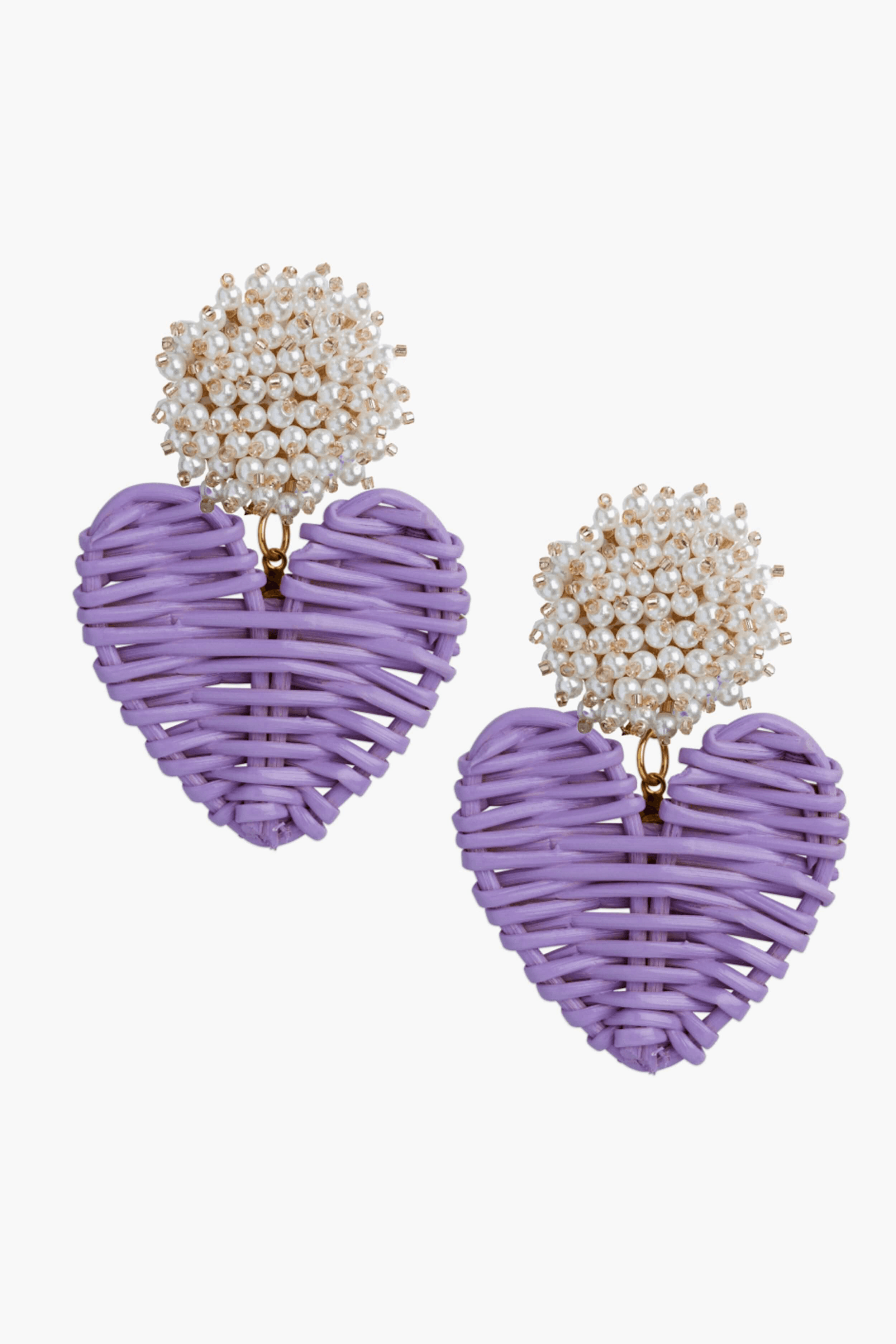 Cluster Pearl Lilac Rattan Hearts Earrings - Image 1