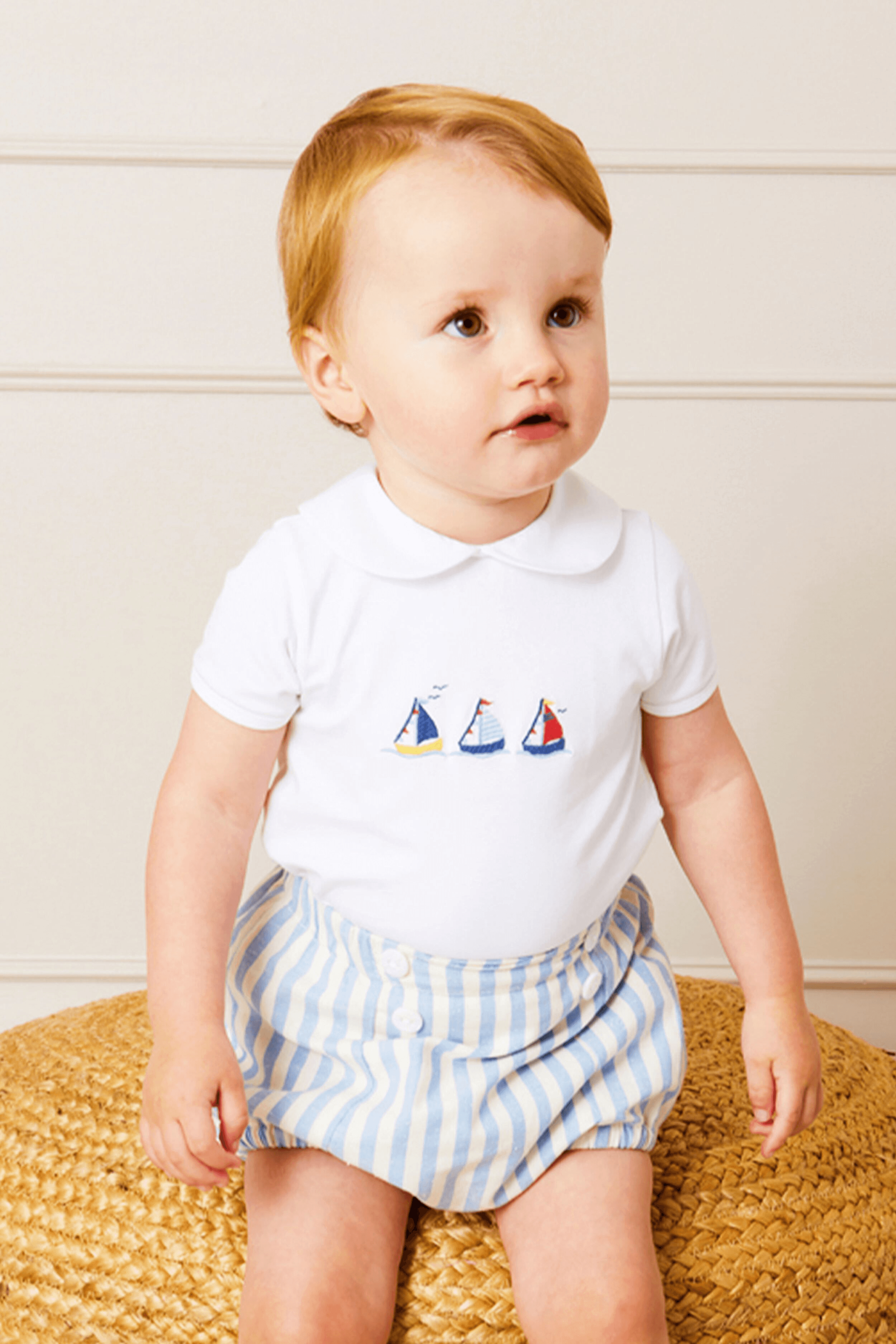 Embroidered Boat Motif Peter Pan Collar Bodysuit in White - Image 1