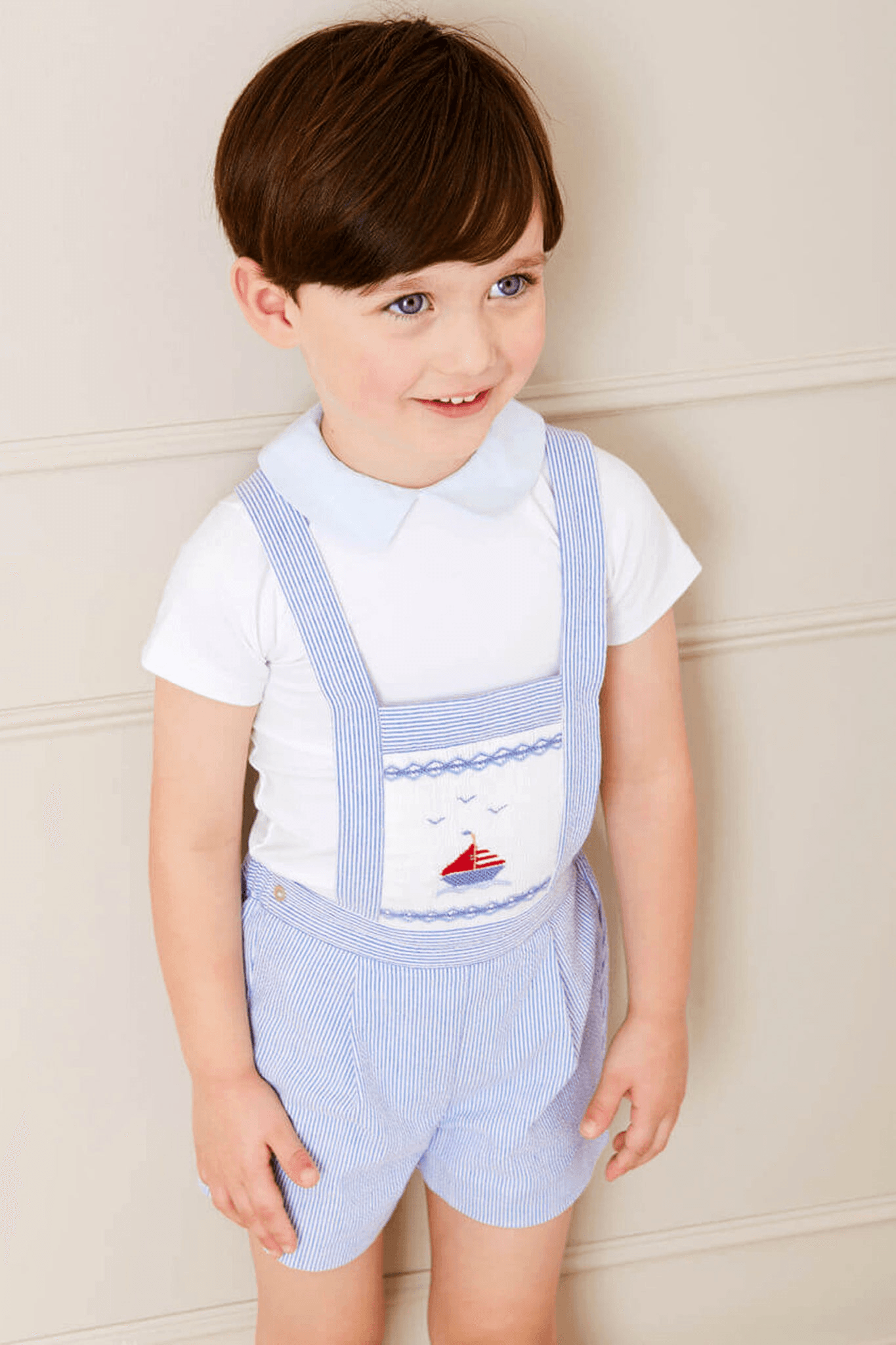 Nautical Striped Boat Embroidery Short Dungarees in Blue - Image 1