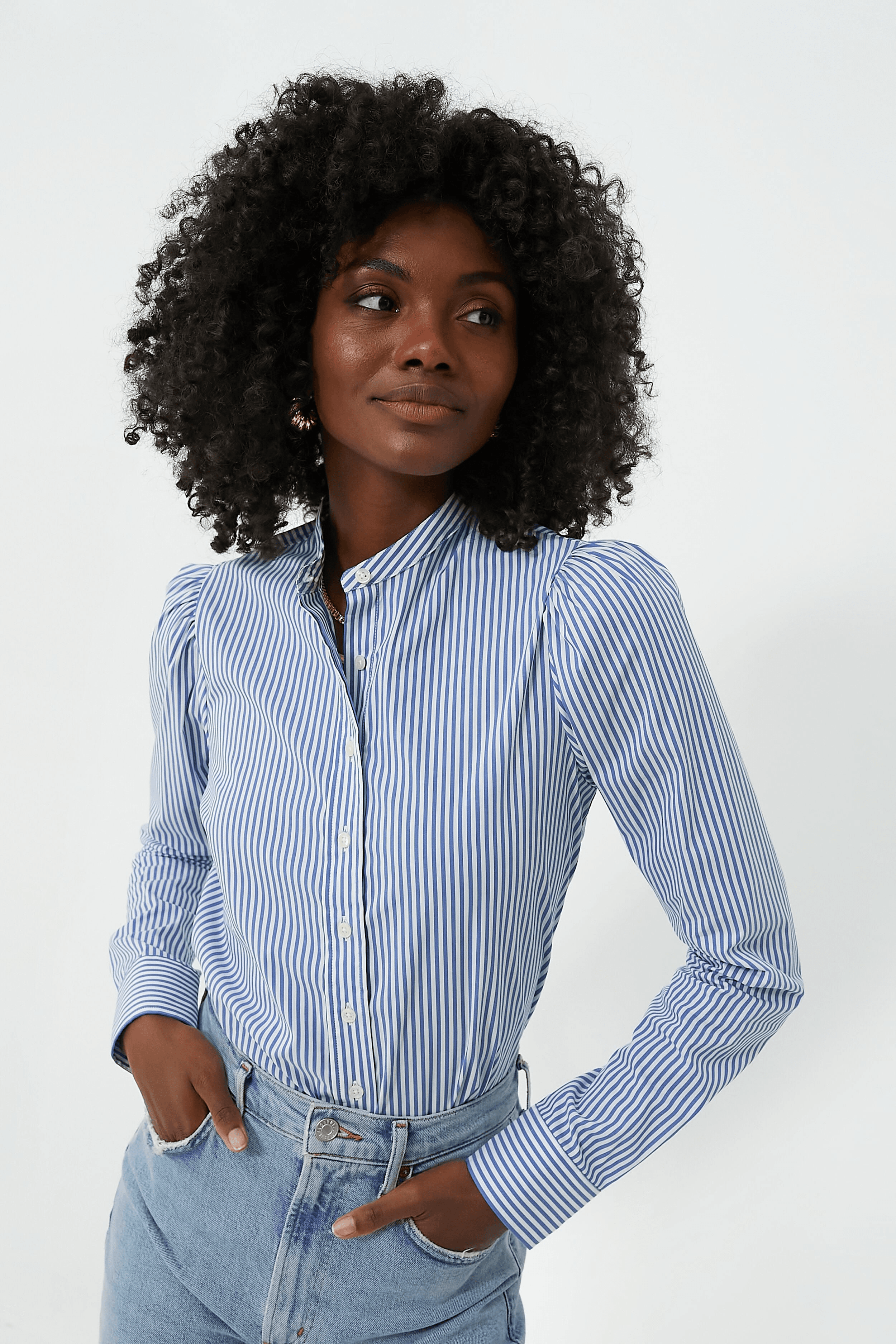 Blue and White Stripe Puffed Shoulder Shirt - Image 1
