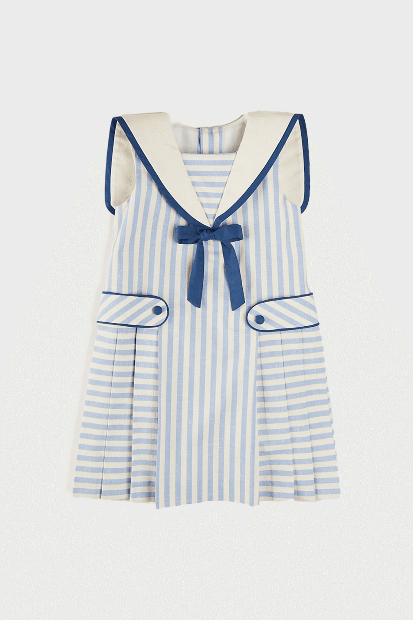 Regency Striped Mariner Collar Pleated Sleeveless Dress in Blue - Image 1