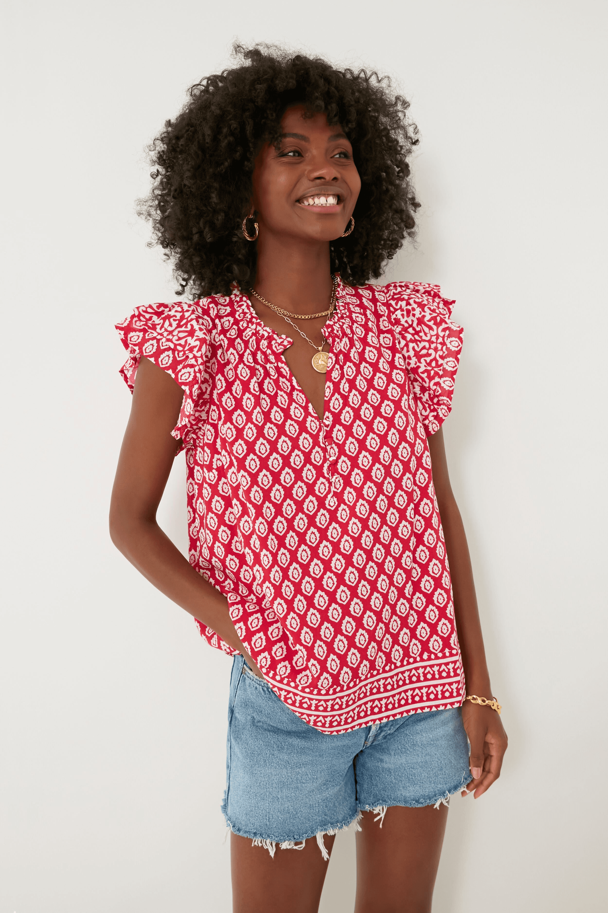 Lighthouse Red Tile Ruffle Top - Image 1