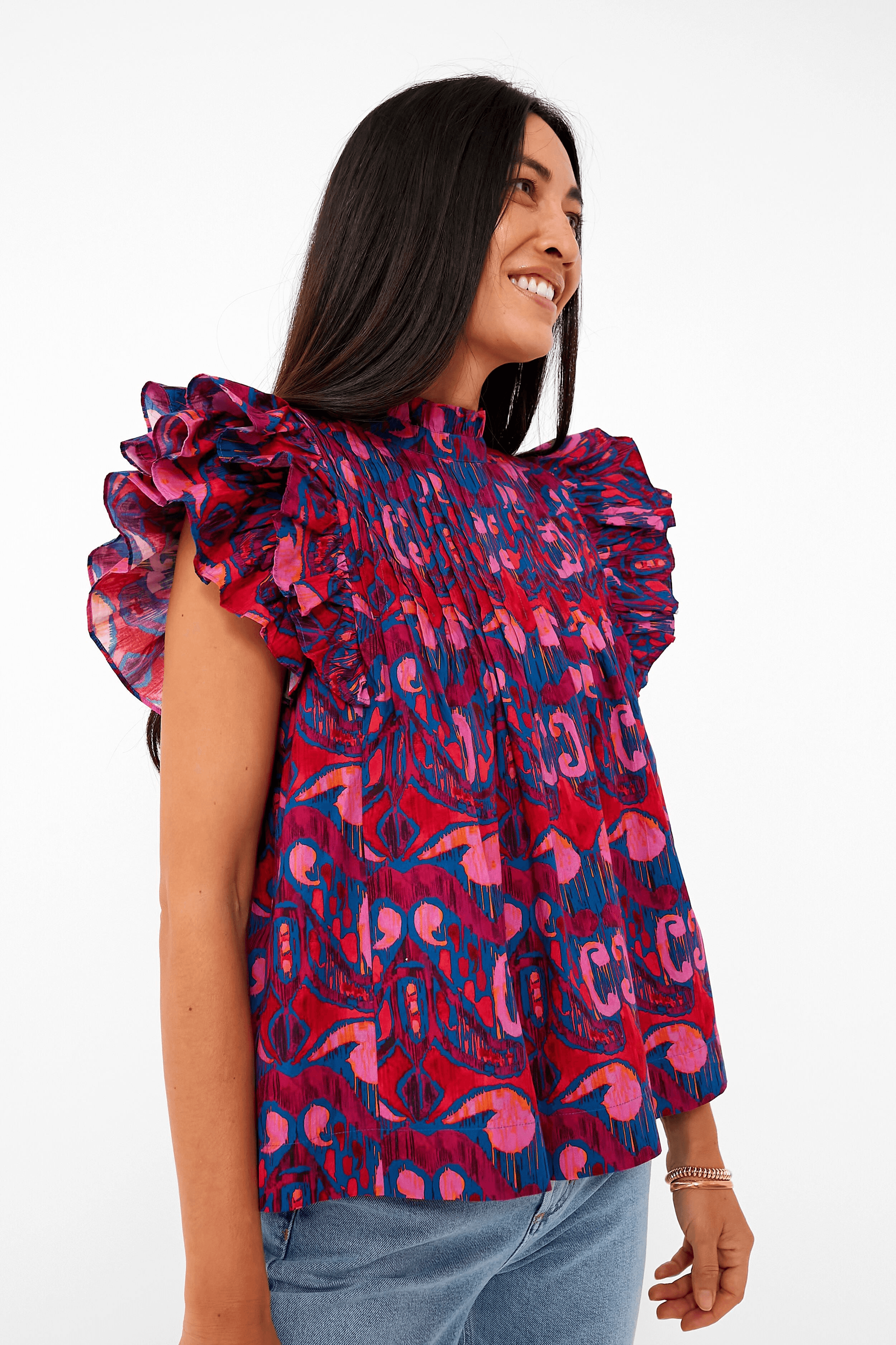 Exclusive Blue Kazak Pintuck Ruffle Top - Image 1