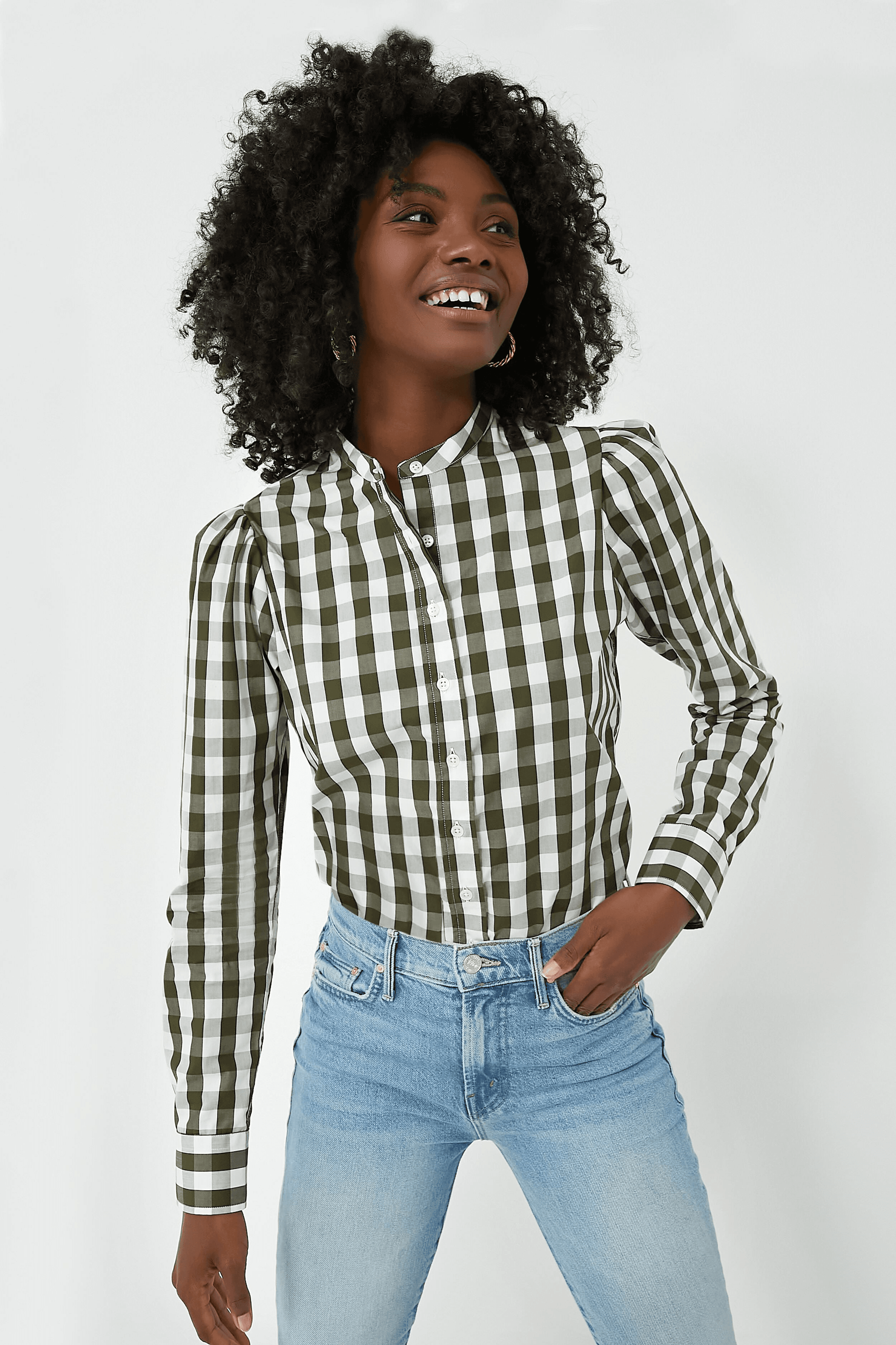 Gingham Puffed Shoulder Shirt - Image 1