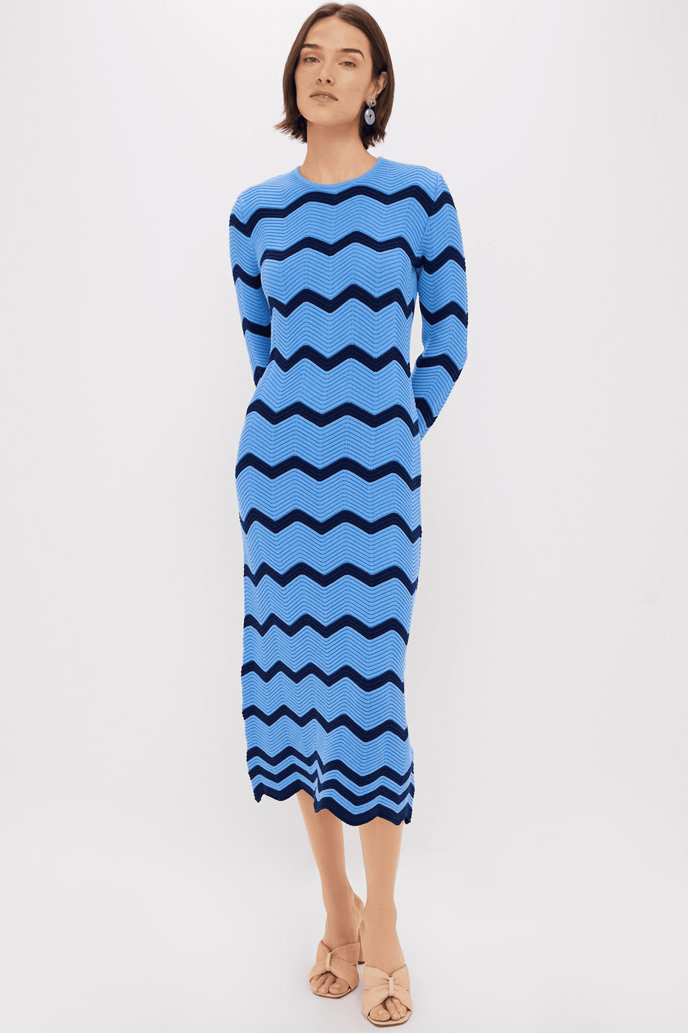Cornflower Blue & Navy Zig-Zag Stripe Callan Knit Midi Dress - Image 1