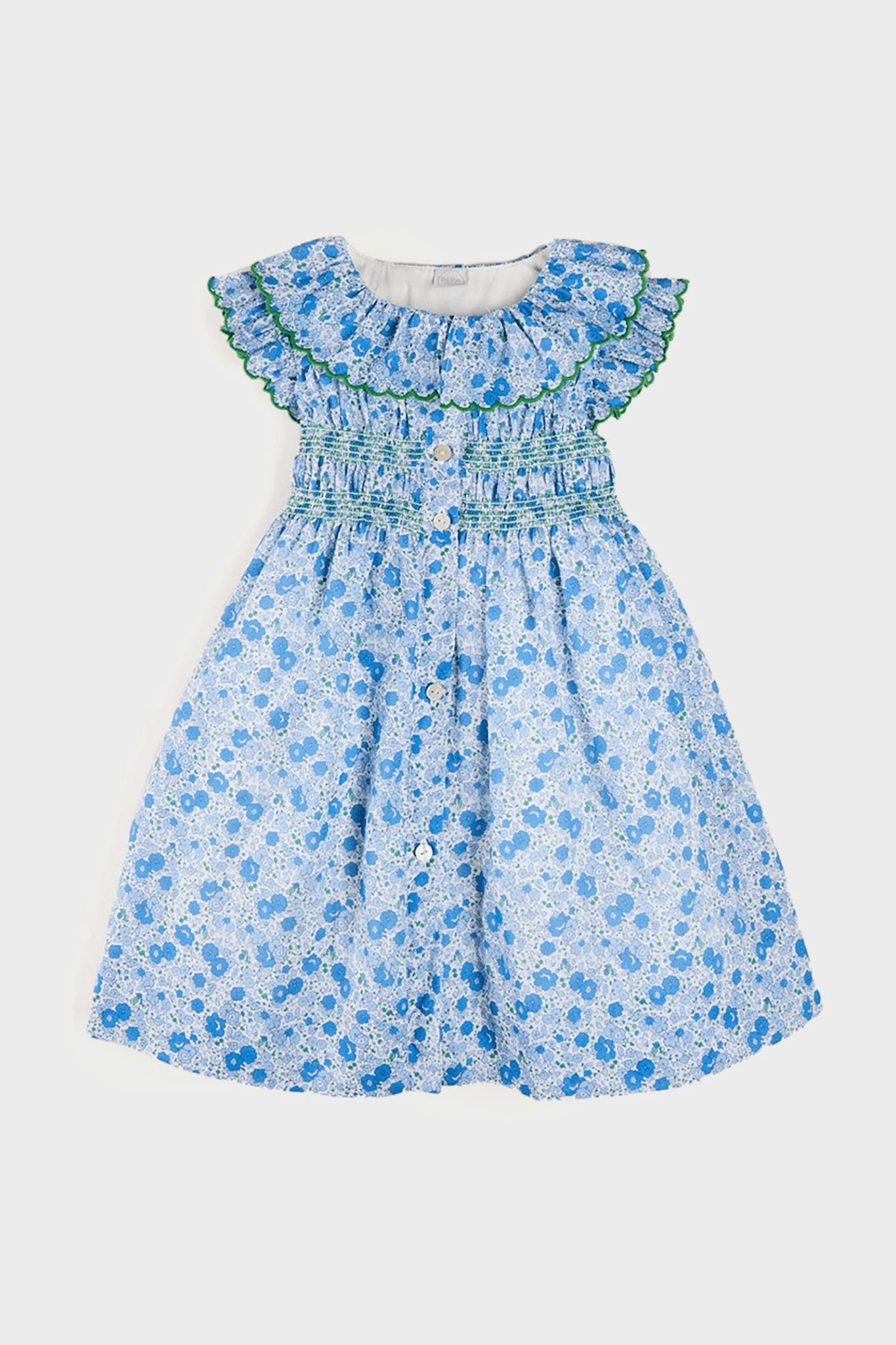 Olivia Floral Smocked Ruffle Collar Sleeveless Dress in Blue - Image 1