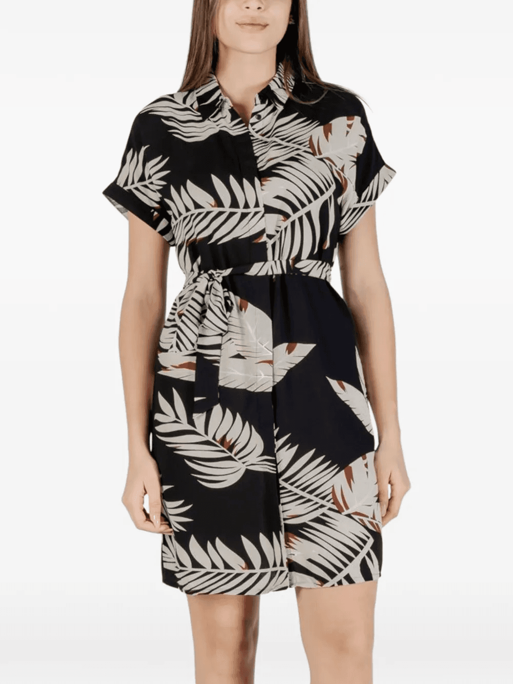 leaf-print tie-waist shirt mini dress - Image 1
