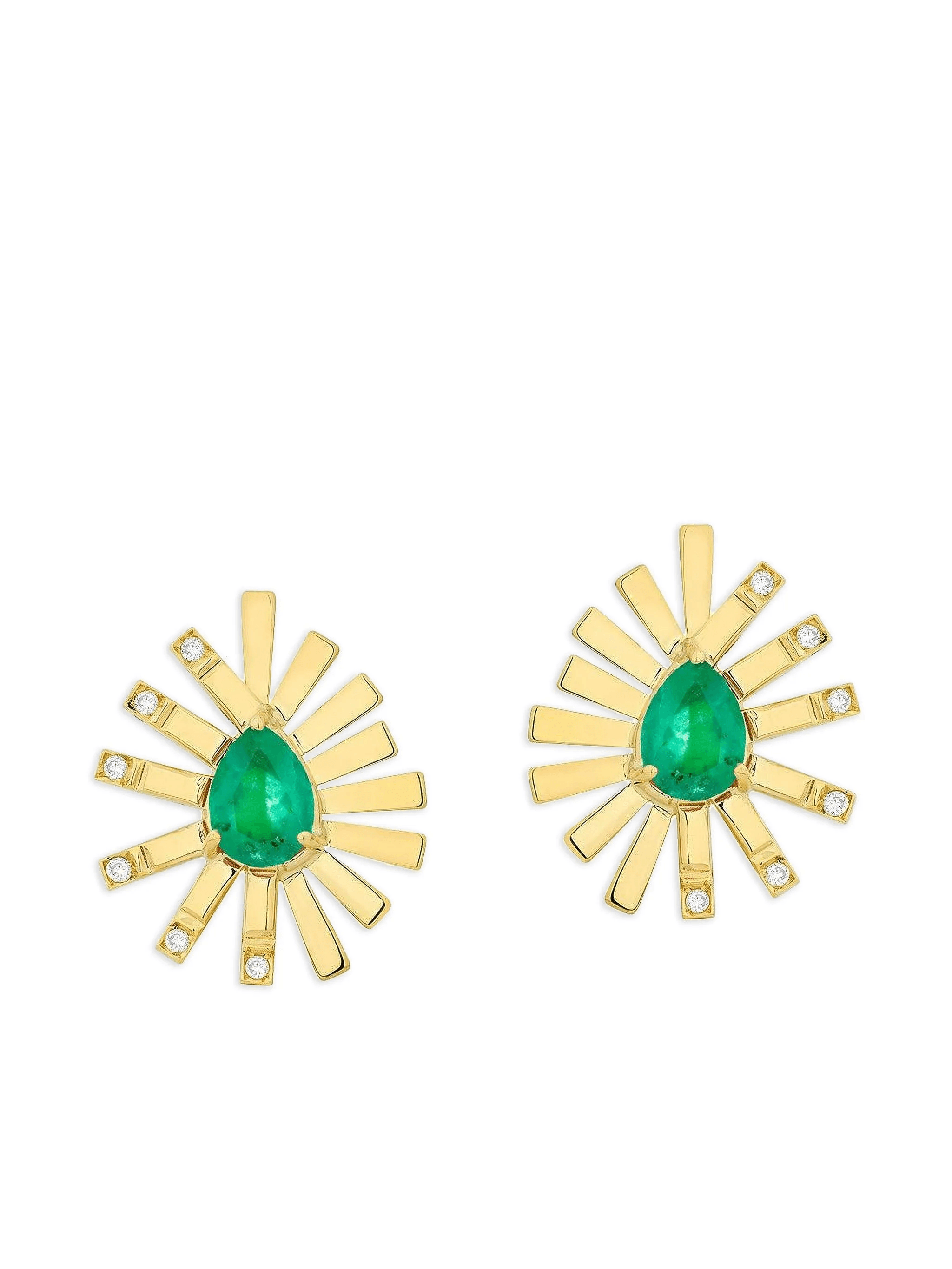 18K yellow gold emerald diamond earrings - Image 1
