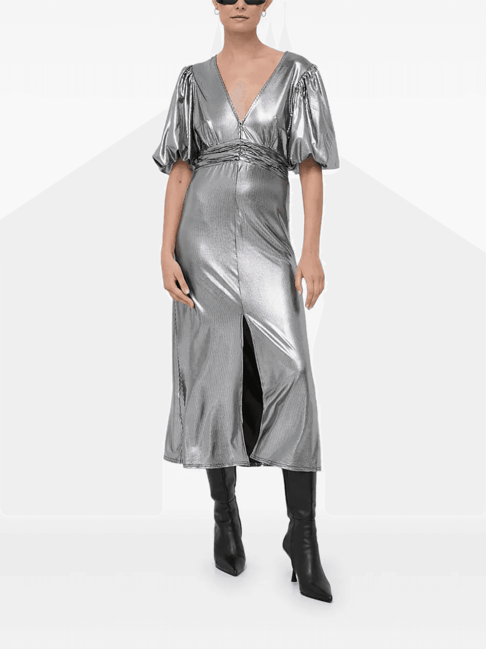 puff-sleeve metallic midi dress - Image 1