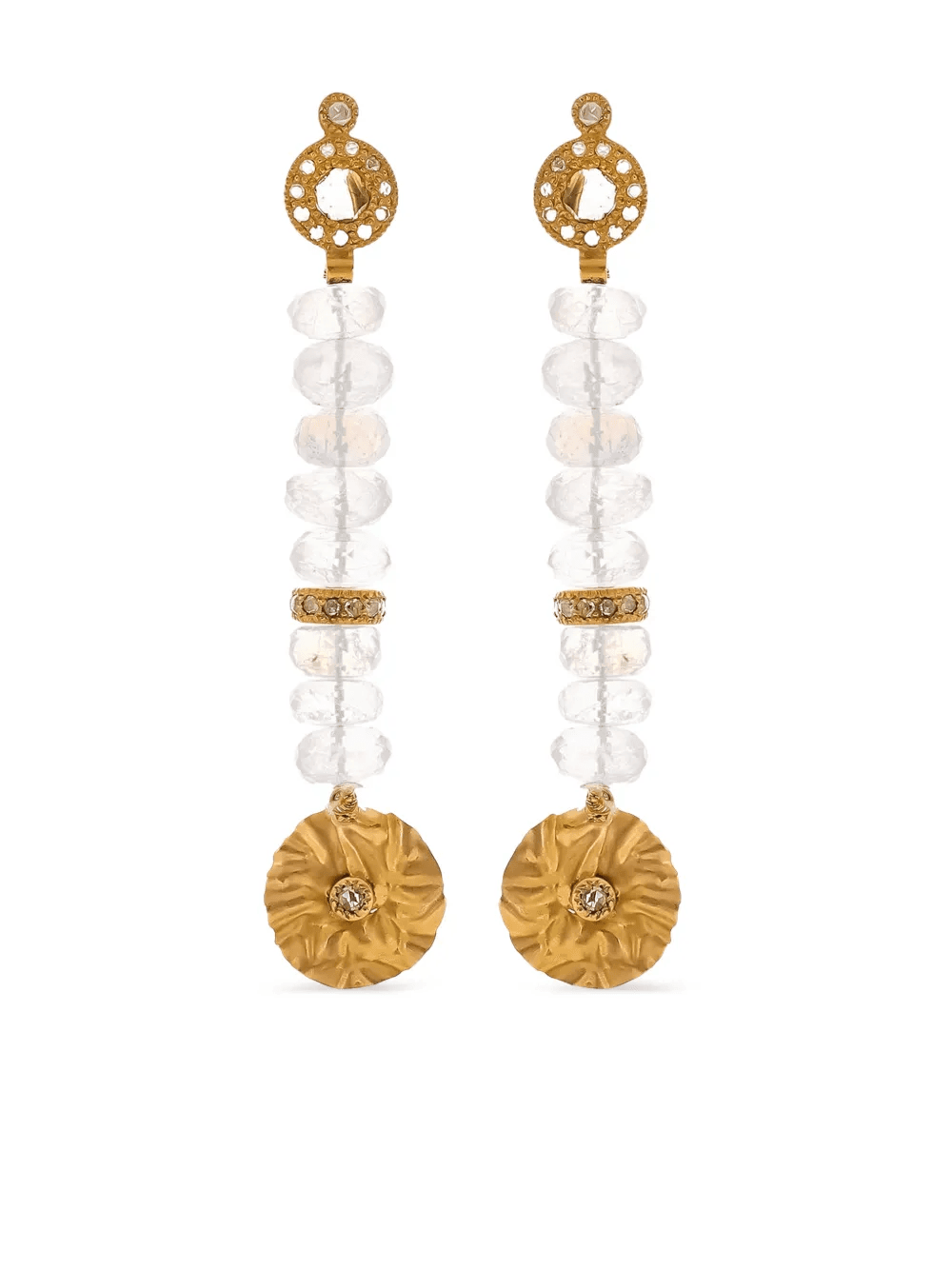 yellow gold beaded drop diamond and moonstone earrings - Image 1